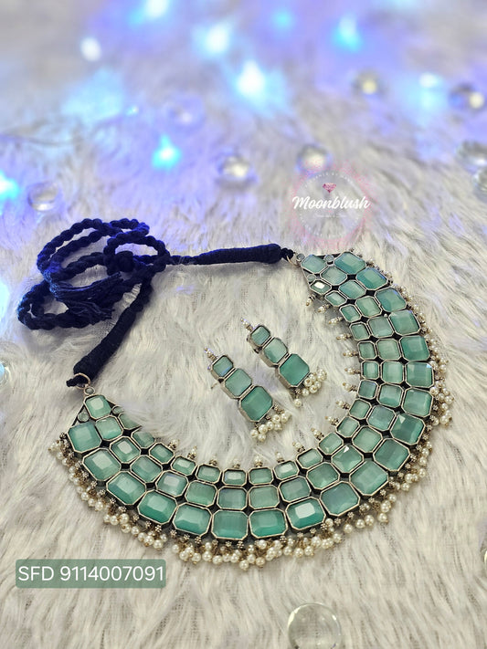 Silver Replica Necklace Set: Monalisa Stones & Pearls