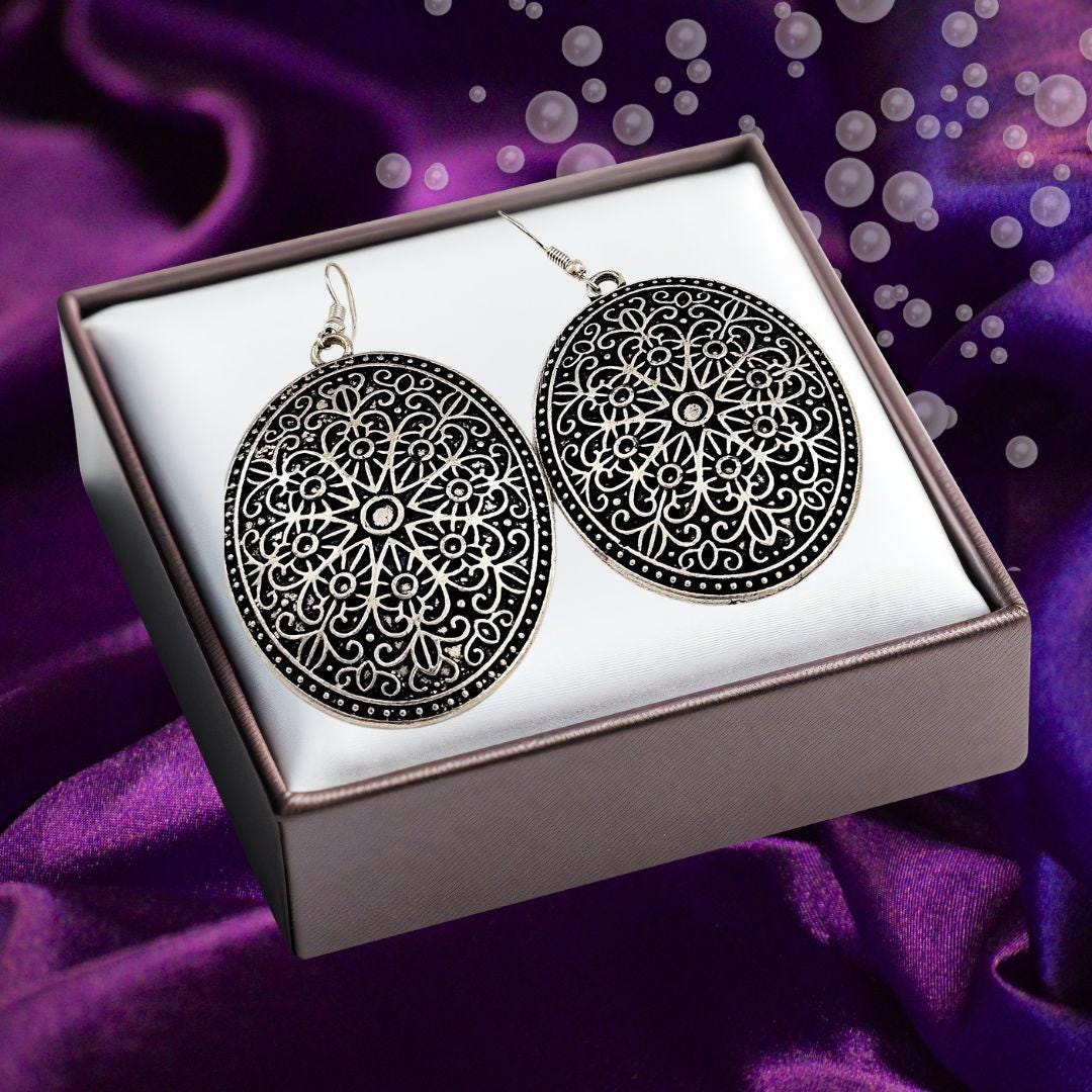 Bohemian Brass Earrings: German Silver Carved Boho Style