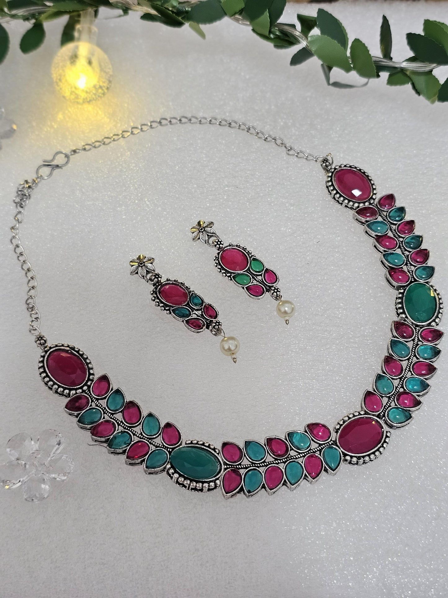 Monalisa Stone Choker Set: Silver Look Brass Necklace