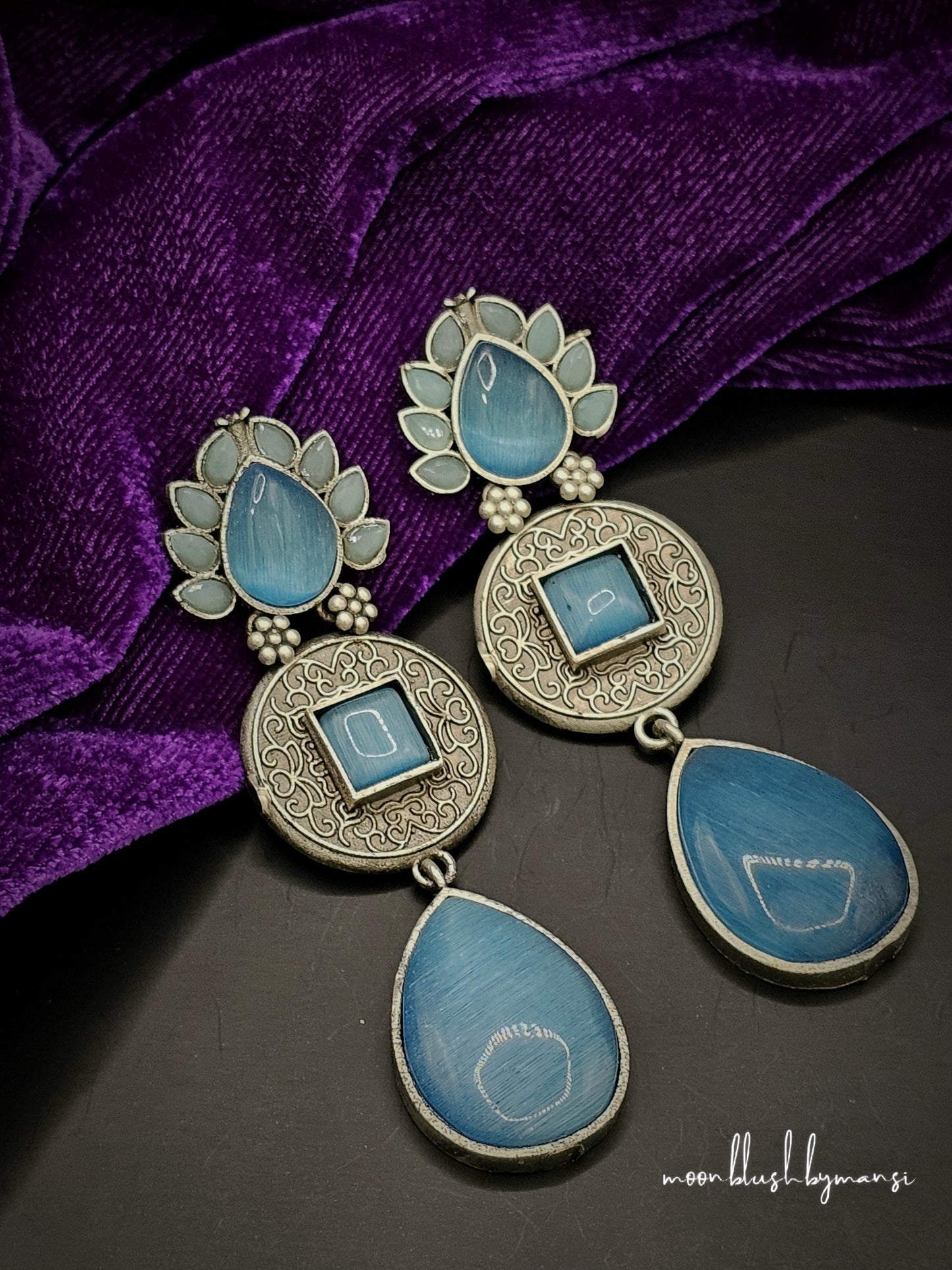 Handmade Brass Dangler Earrings: Silver Replica with Monalisa Stones