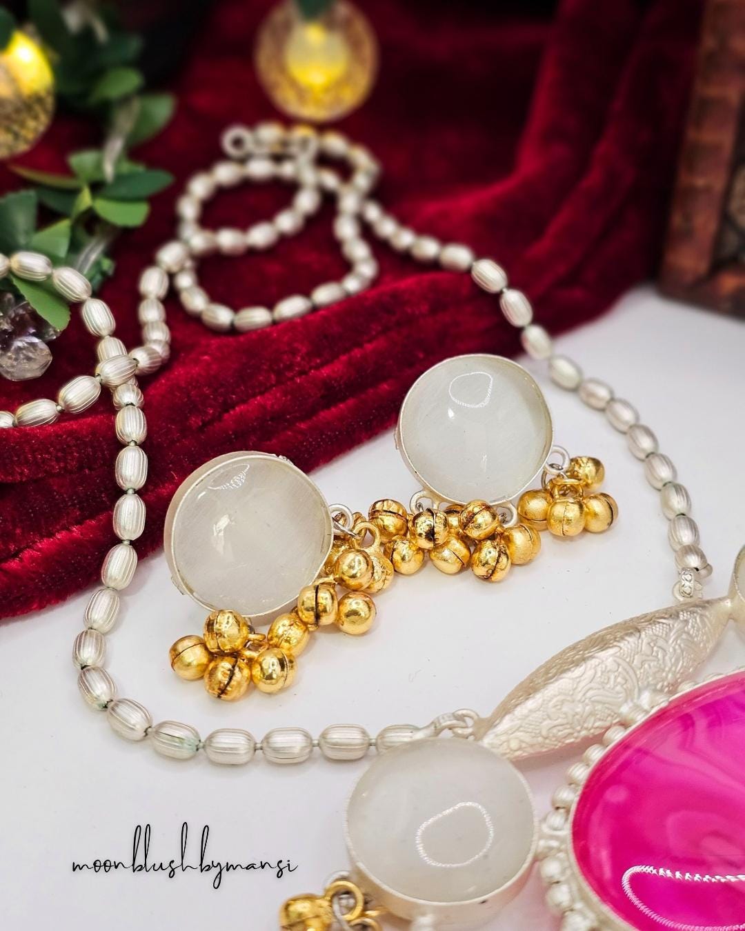 Handcrafted Pink Agate Pendant Necklace – Silver-Inspired Matar Mala with Ghungroos