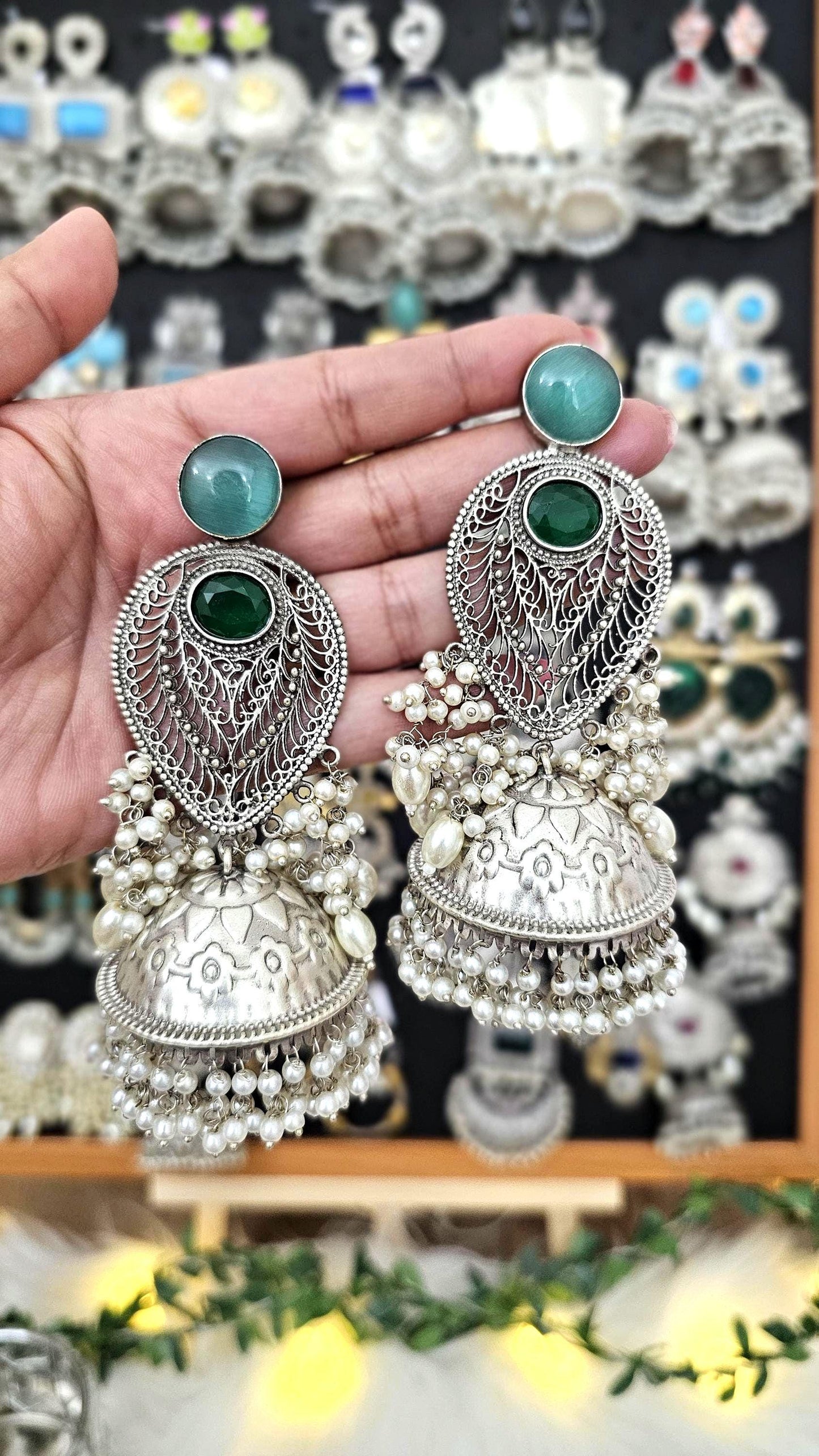 Handcrafted Jhumka Earrings: Silver Tone Brass with Mogra Pearls