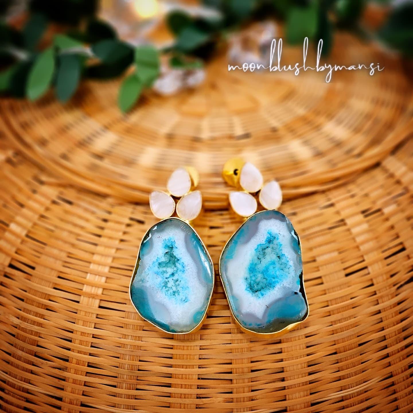 Brass Statement Earrings: Raw Agate & Monalisa Stone Design