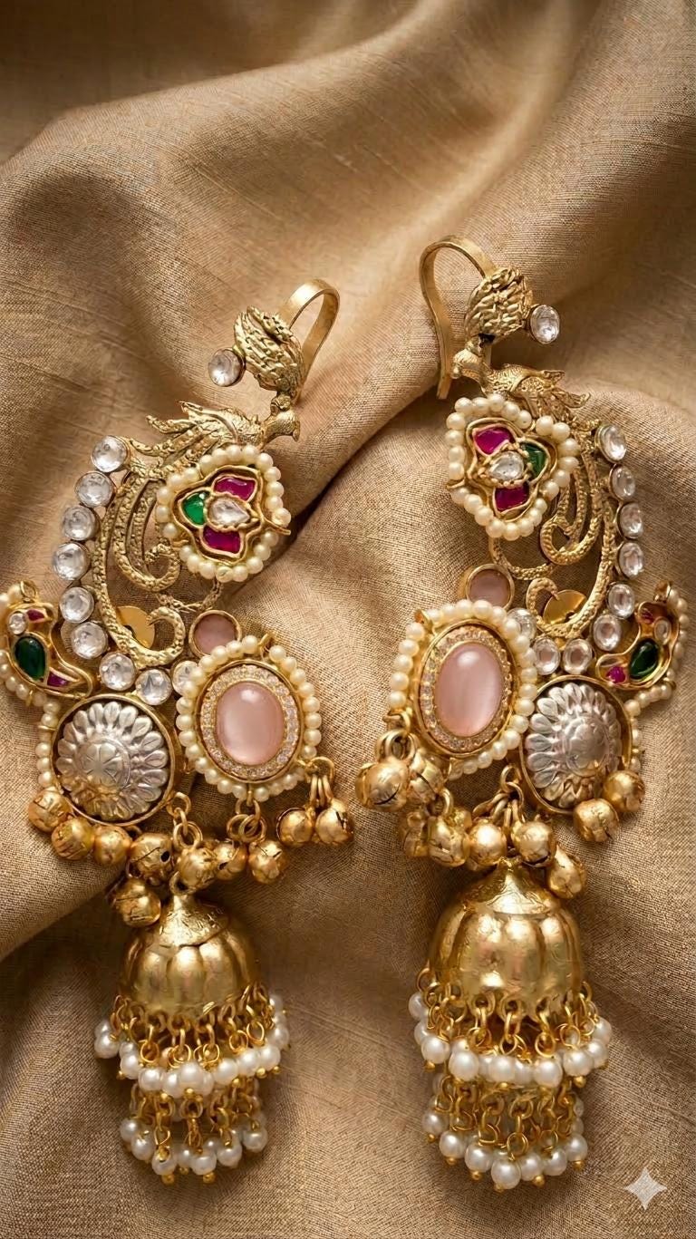 Golden Brass Pachi Kundan Earcuffs, Statement Kaanphool Earrings, Traditional Indian Bridal Jewelry