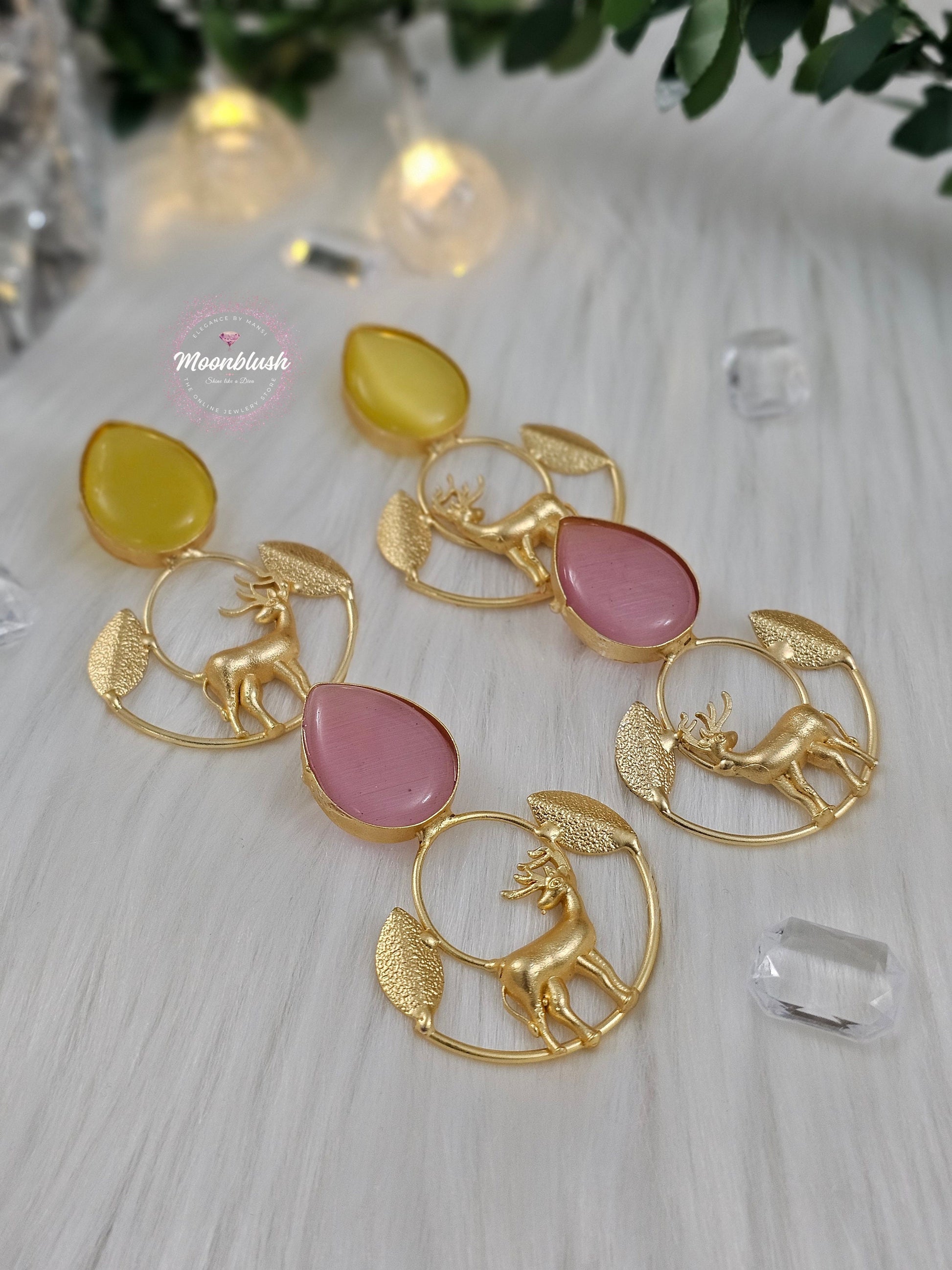 Brass Deer Earrings with Monalisa Stones