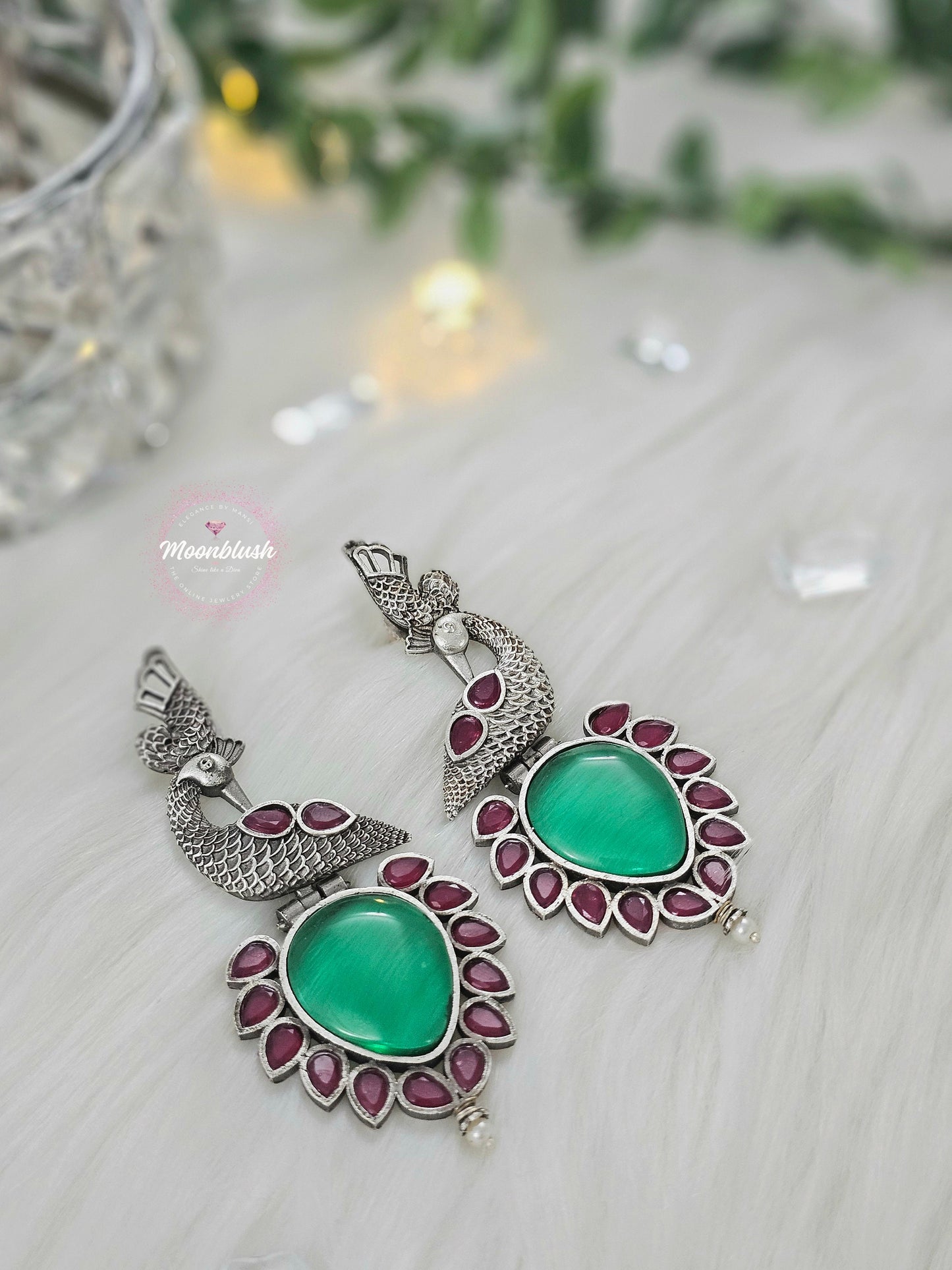 Dazzling Long earrings in unique pattern. Silver Replica with Monalisa Stones.