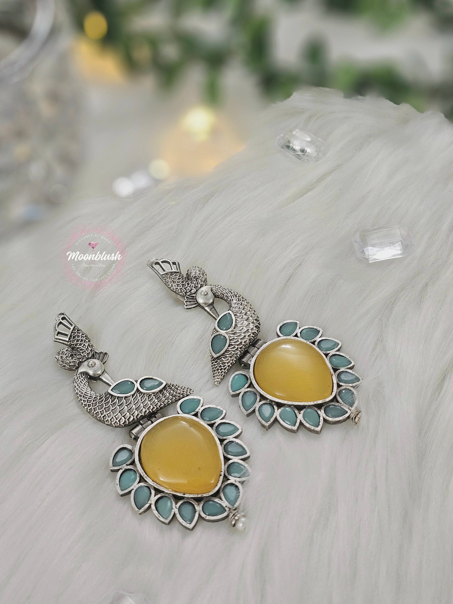 Dazzling Long earrings in unique pattern. Silver Replica with Monalisa Stones.