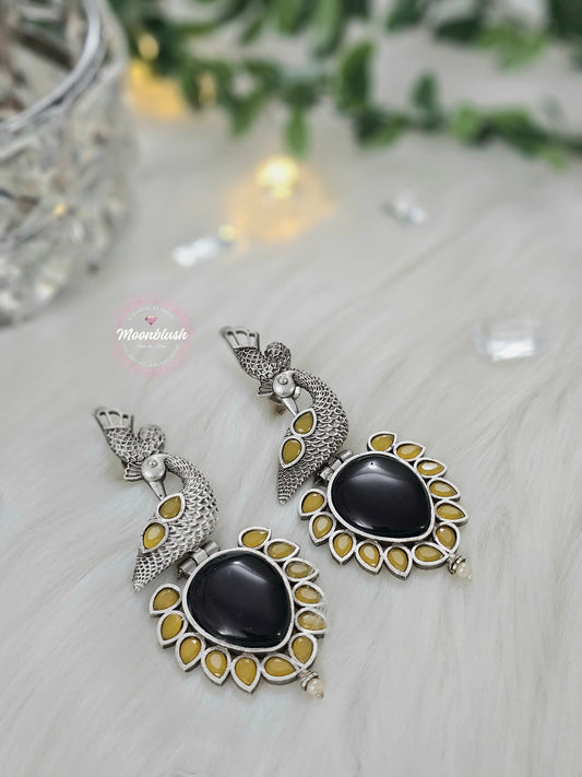 Dazzling Long earrings in unique pattern. Silver Replica with Monalisa Stones.