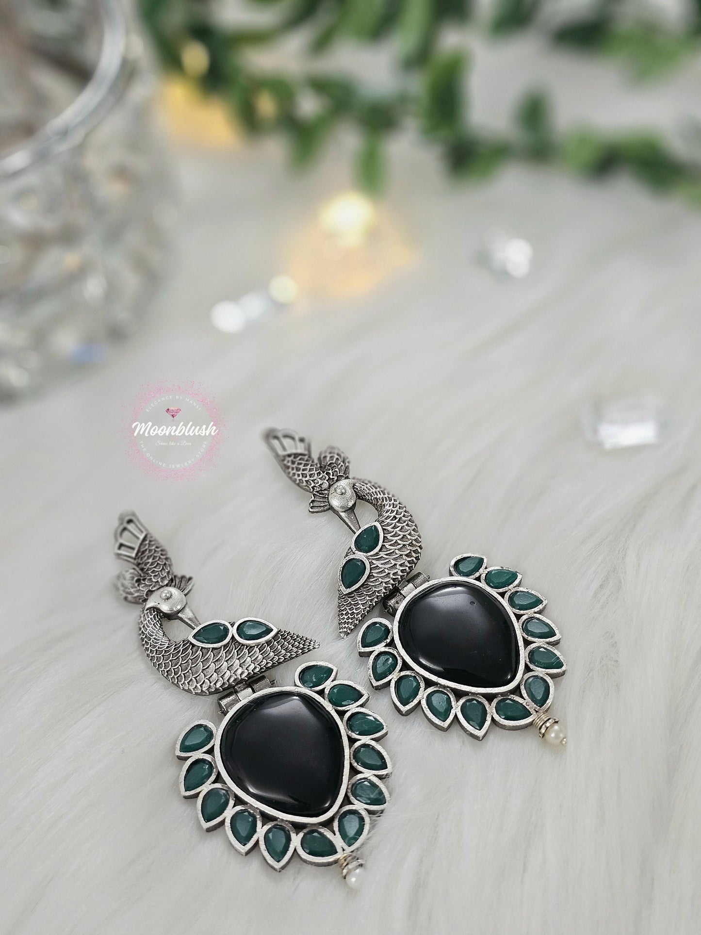 Dazzling Long earrings in unique pattern. Silver Replica with Monalisa Stones.