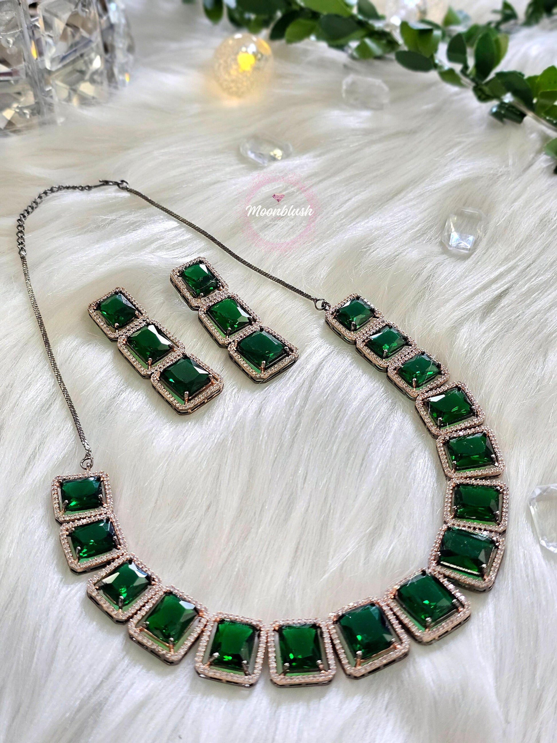 Emerald Glass Stone Statement Neckpiece: American Diamond, Black Polish