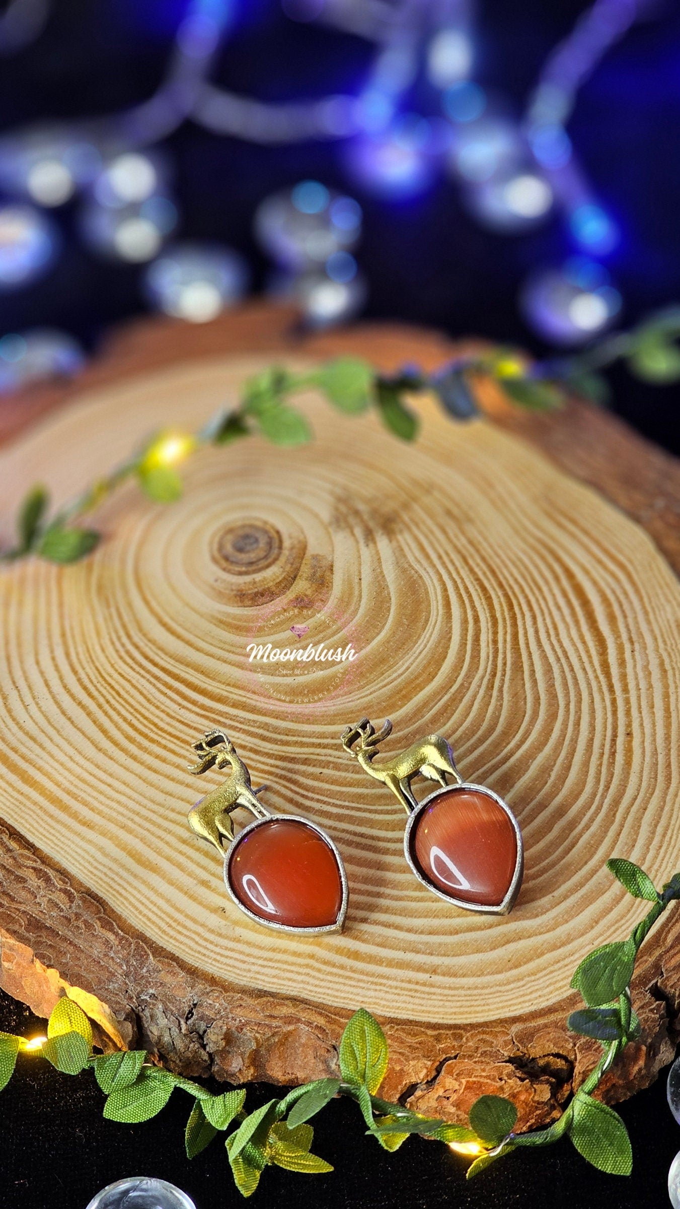 Reindeer Earrings: Handmade Brass & Silver Tone with Monalisa Stone