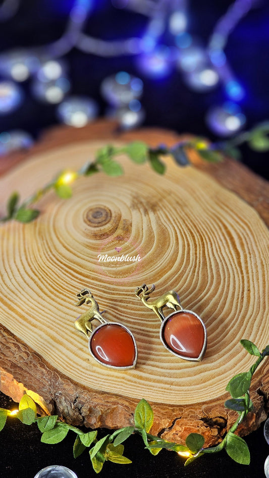 Reindeer Earrings: Handmade Brass & Silver Tone with Monalisa Stone