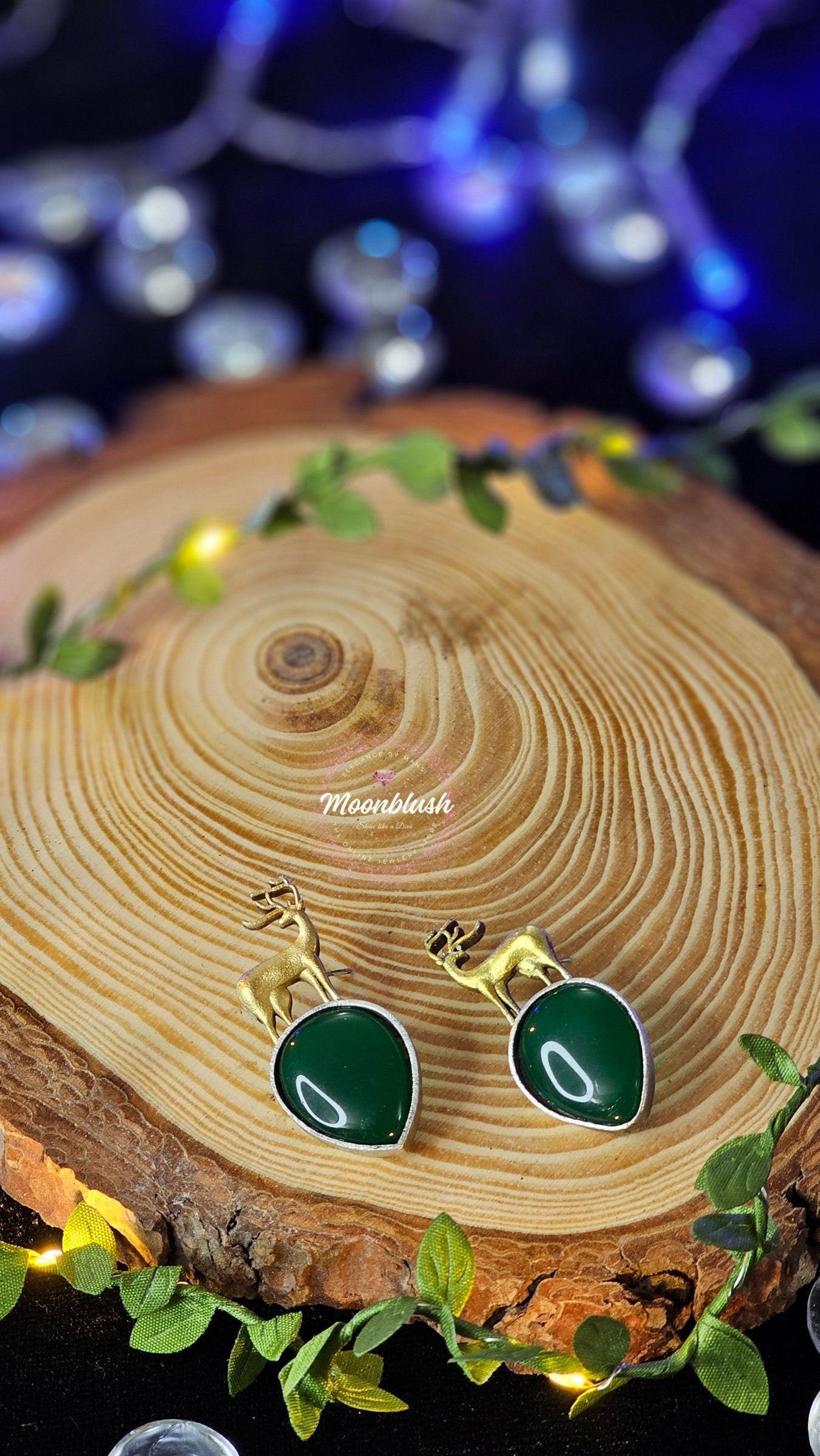 Reindeer Earrings: Handmade Brass & Silver Tone with Monalisa Stone
