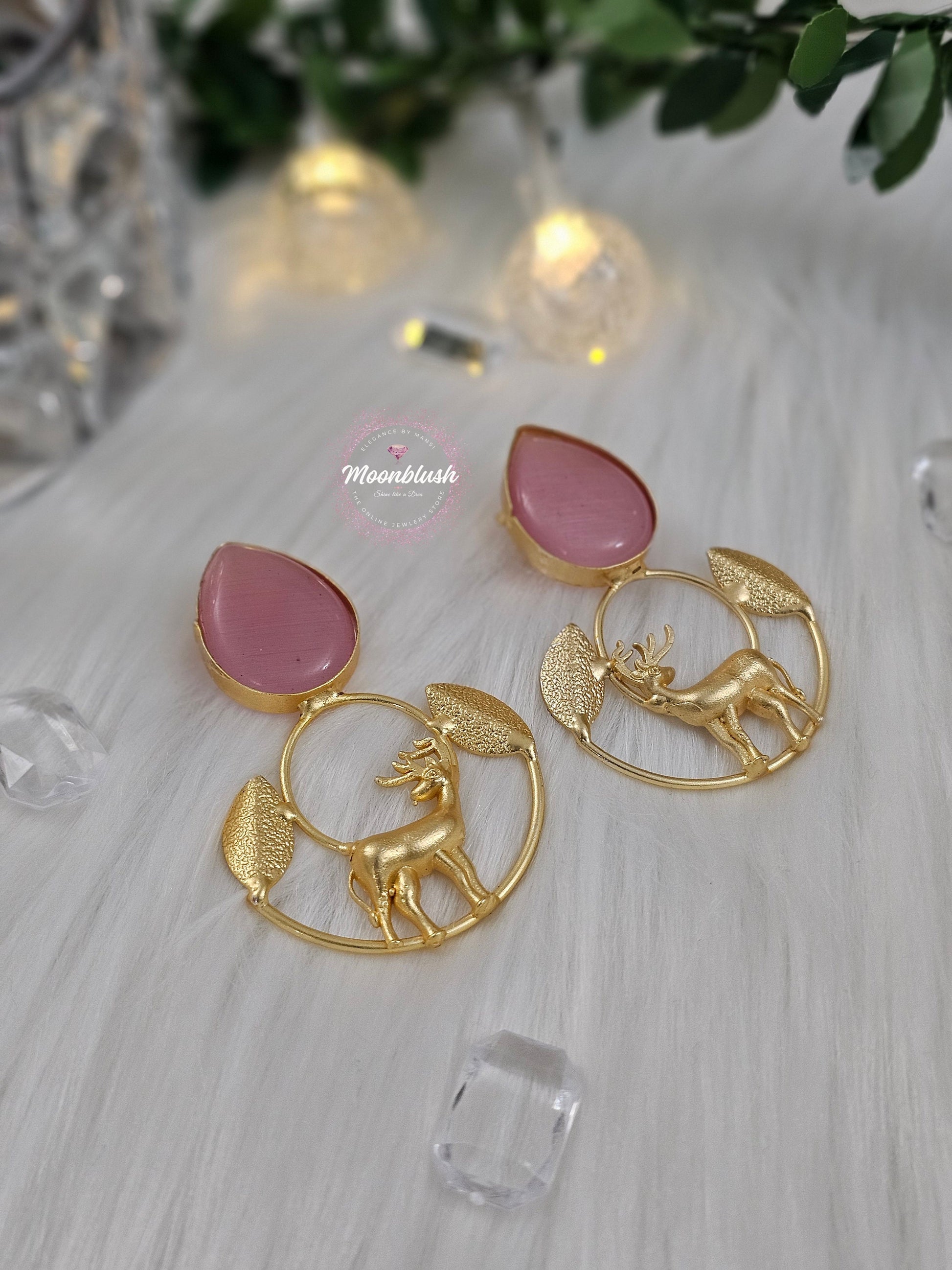 Brass Deer Earrings with Monalisa Stones