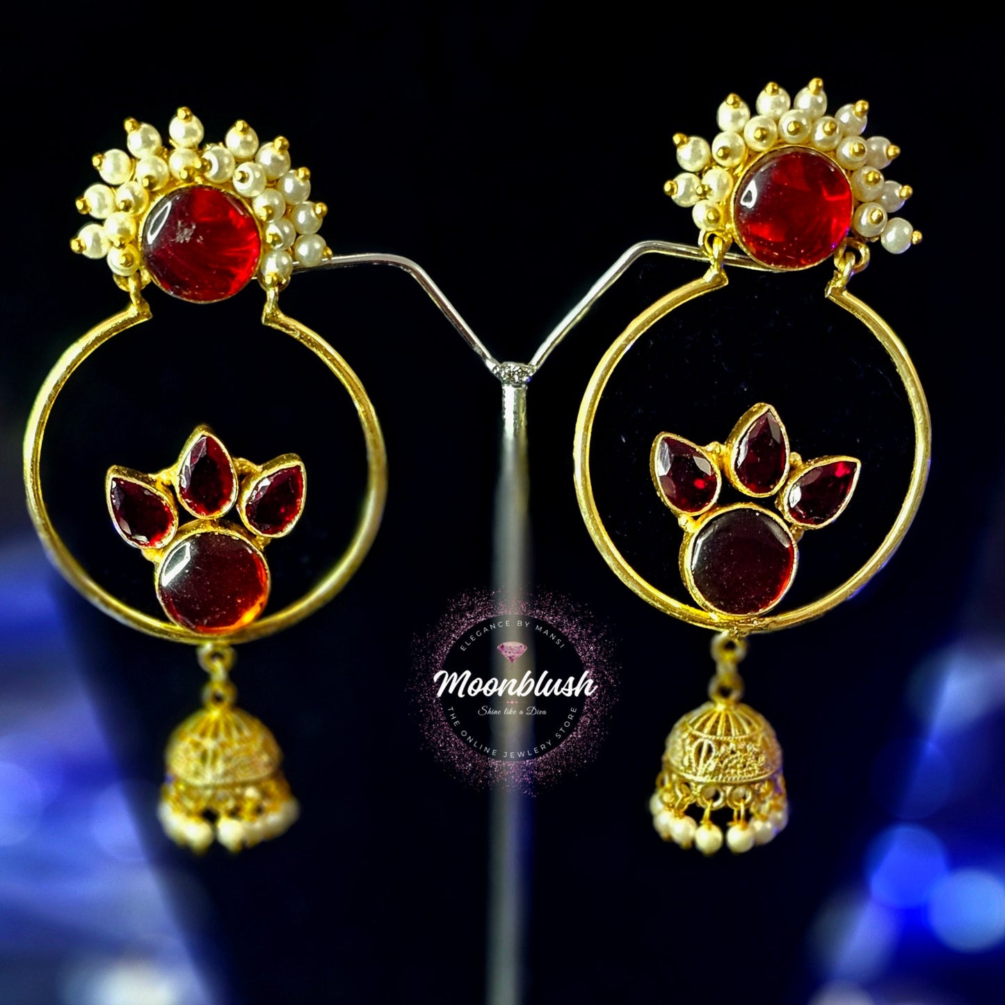 Classy Bali-Jhumki Design in Brass with Monalisa Stones & Pearls