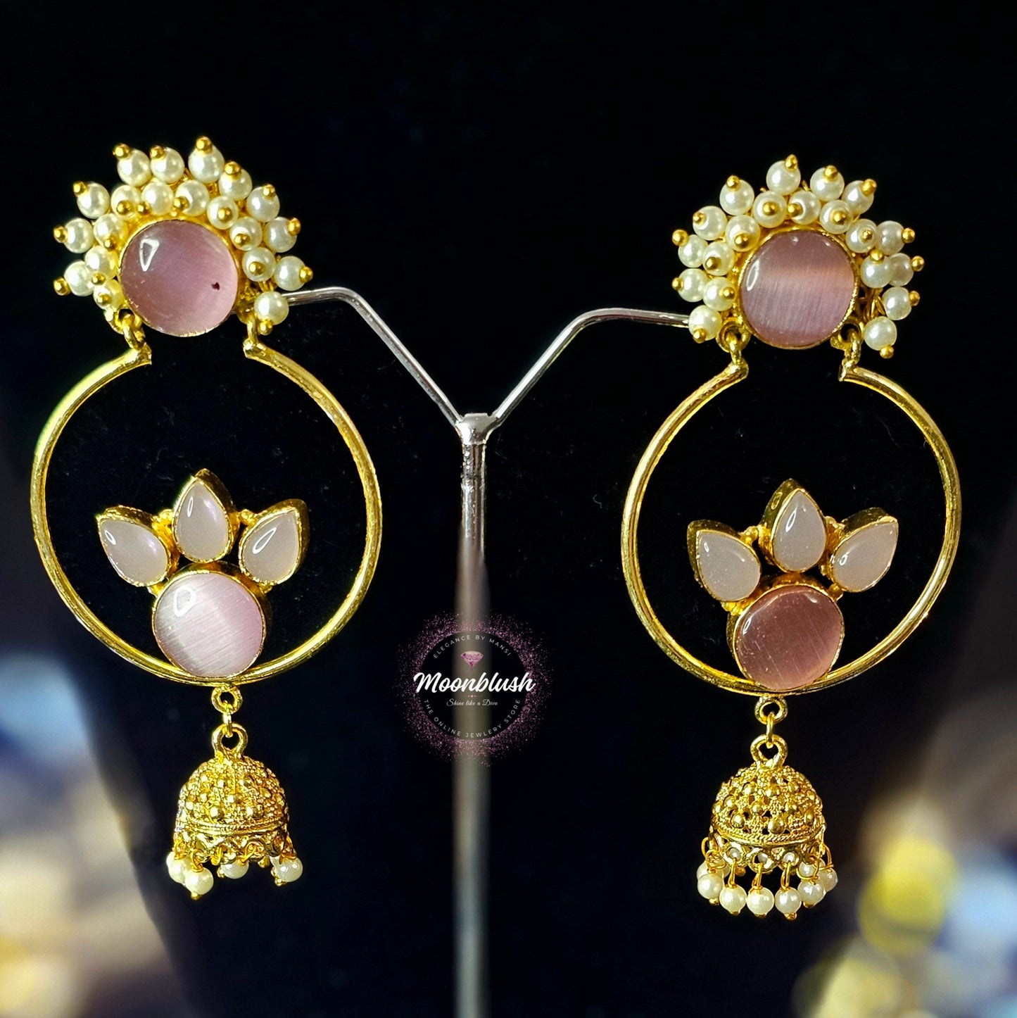 Classy Bali-Jhumki Design in Brass with Monalisa Stones & Pearls