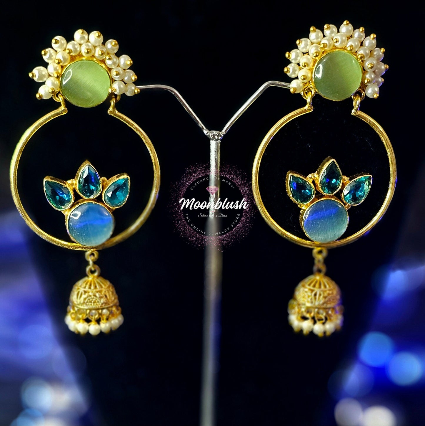 Classy Bali-Jhumki Design in Brass with Monalisa Stones & Pearls