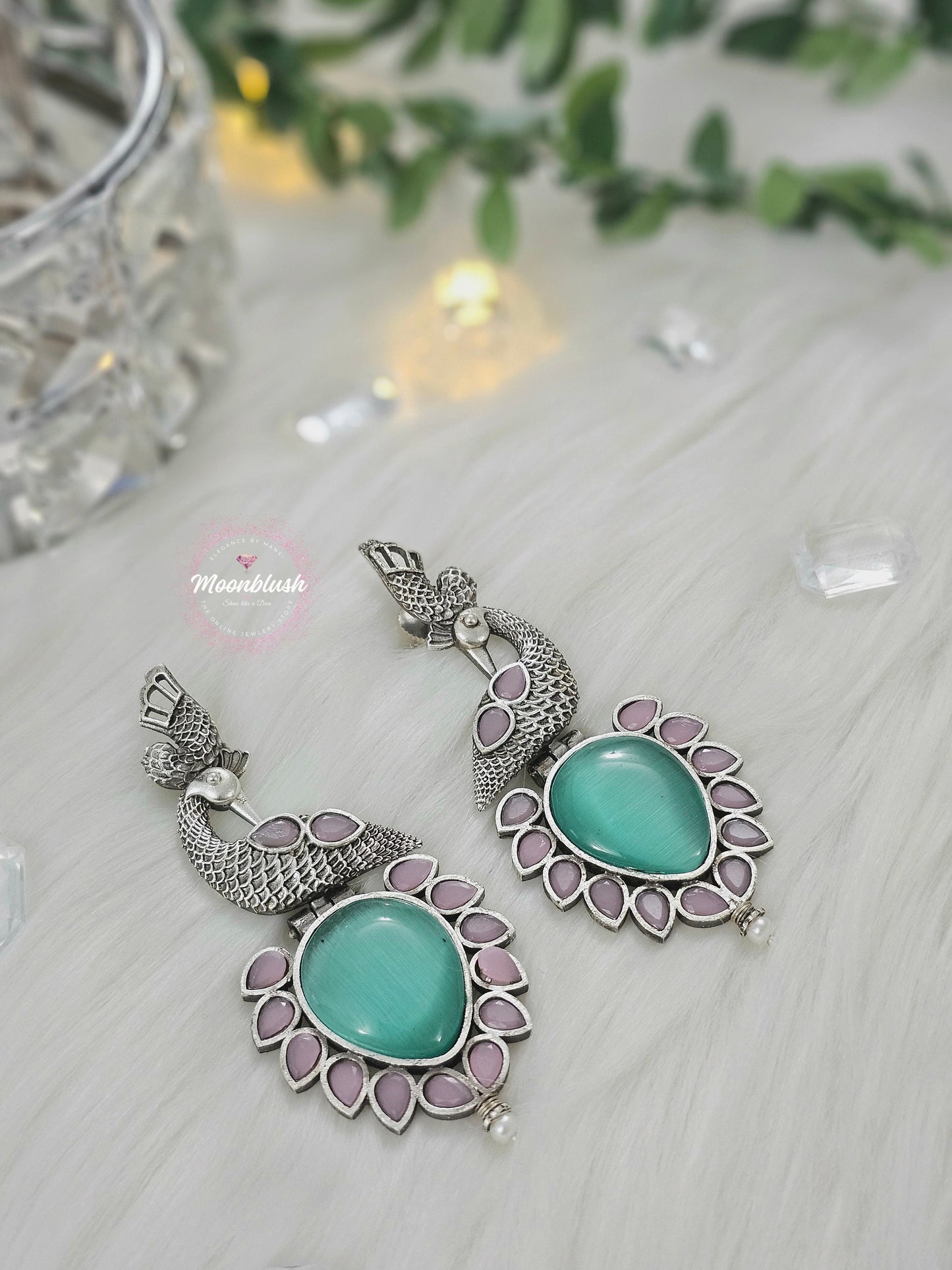 Dazzling Long earrings in unique pattern. Silver Replica with Monalisa Stones.