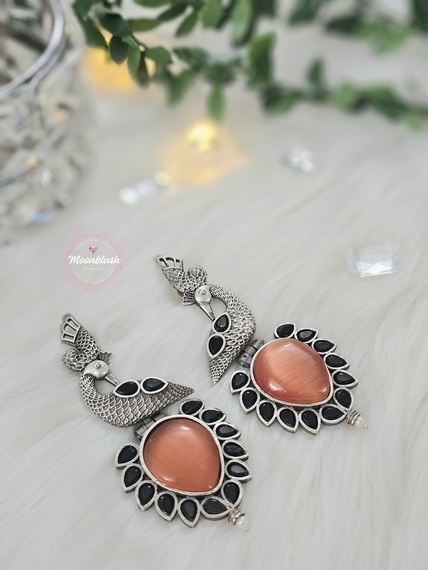 Dazzling Long earrings in unique pattern. Silver Replica with Monalisa Stones.