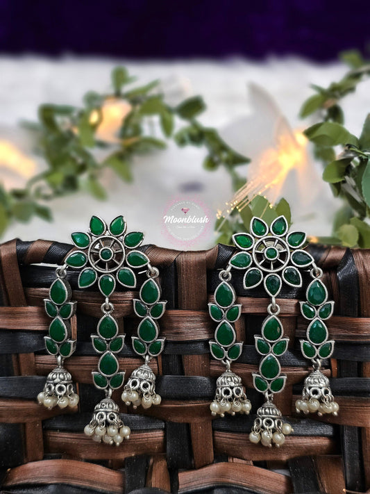 Green Gemstone Jhumki Earrings - Classy Dangly Style