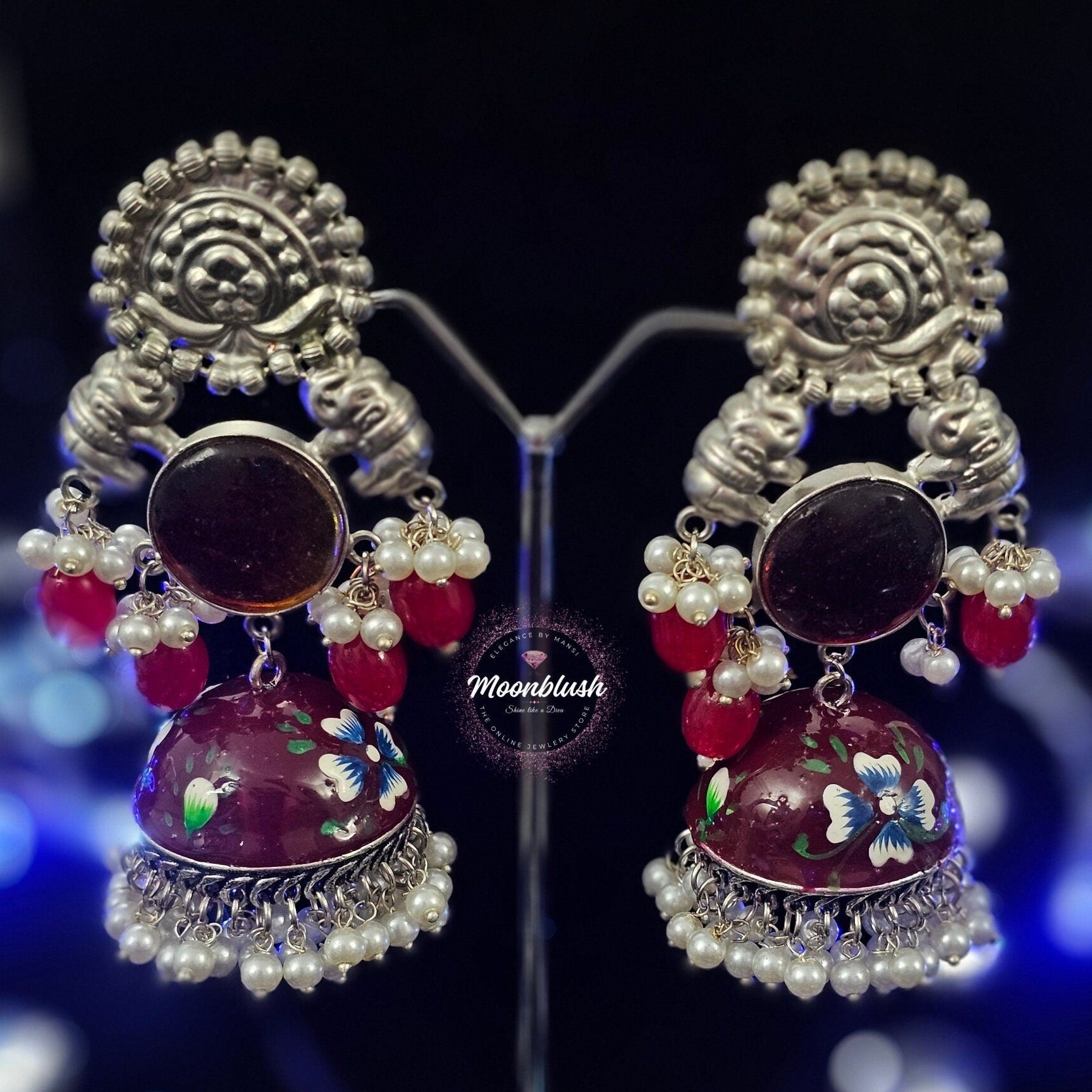 Meenakari Handmade Statement Jhumkas Collection Silver Replica made in brass with Pearls & Monalisa Stones