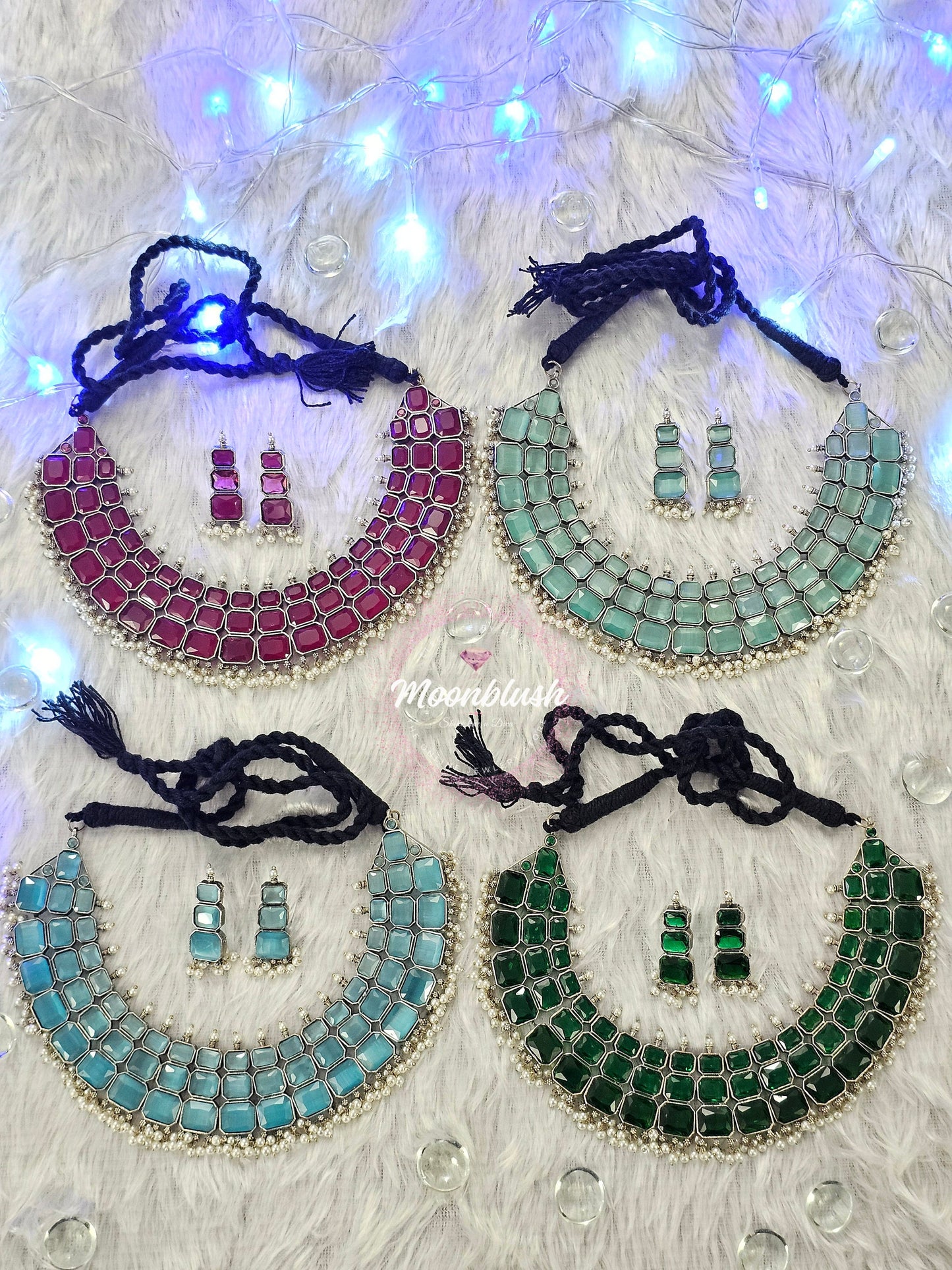 Silver Replica Necklace Set: Monalisa Stones & Pearls