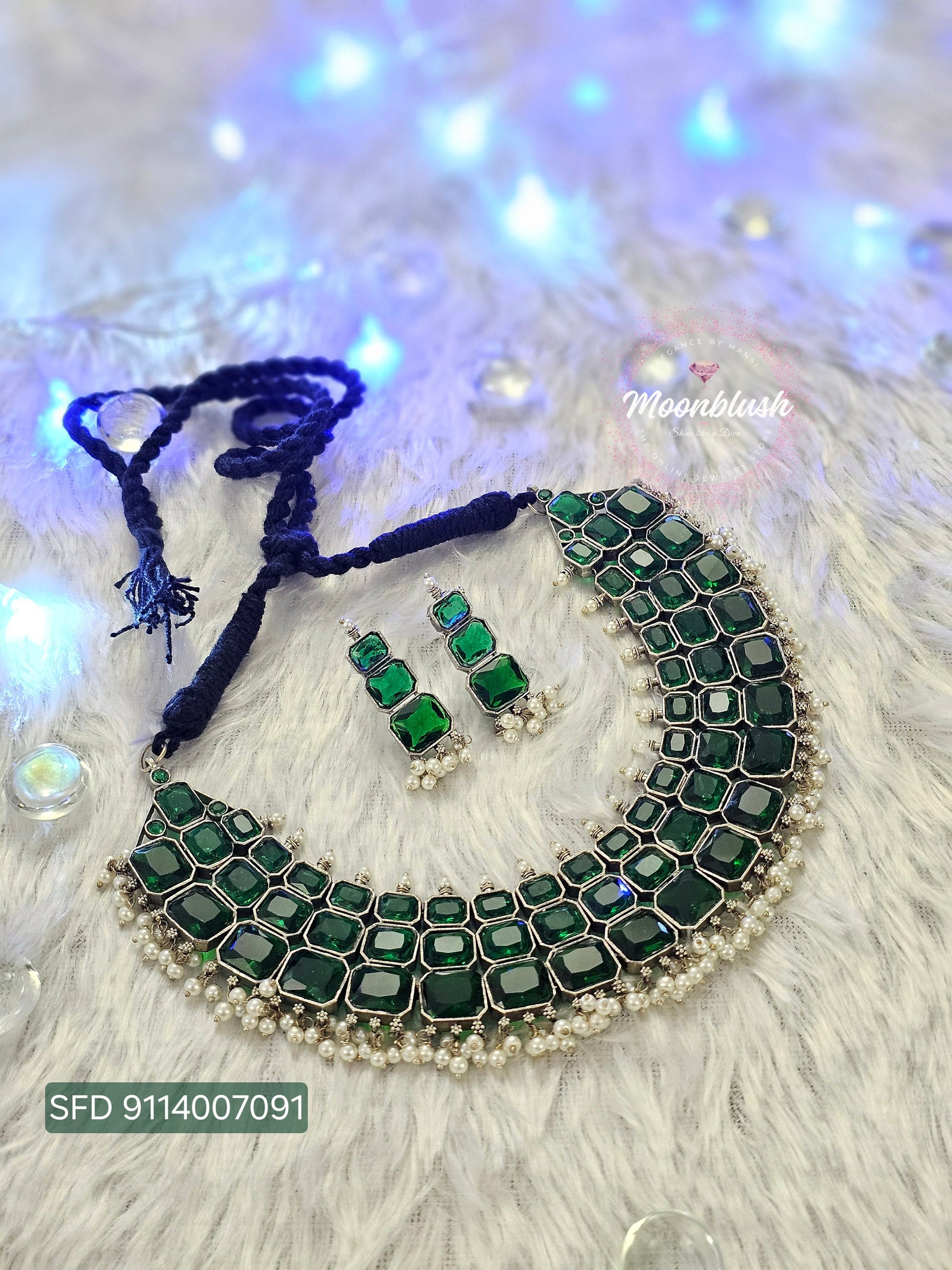 Silver Replica Necklace Set: Monalisa Stones & Pearls