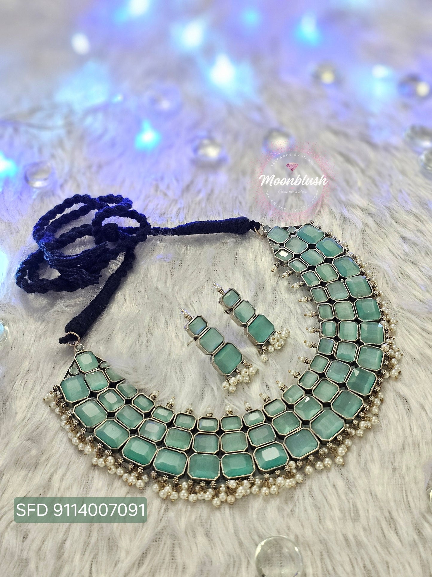 Silver Replica Necklace Set: Monalisa Stones & Pearls