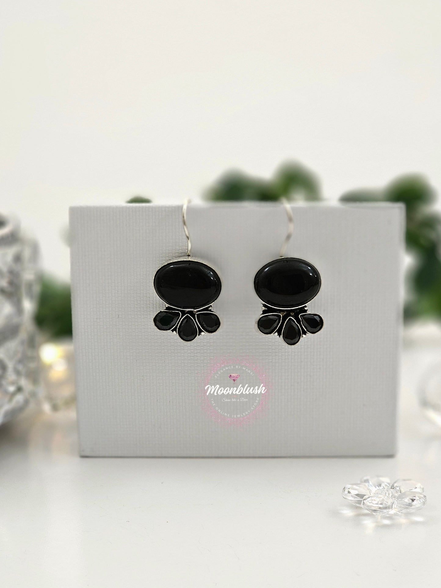 Oval Silver Replica Dangly Earrings with AD & Monalisa Stones