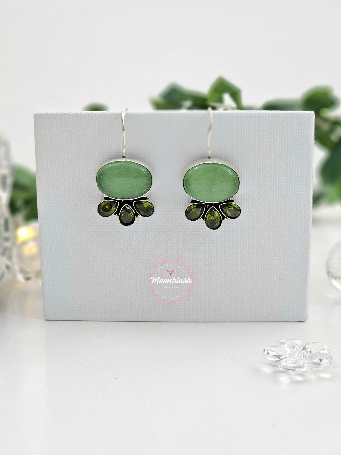 Oval Silver Replica Dangly Earrings with AD & Monalisa Stones