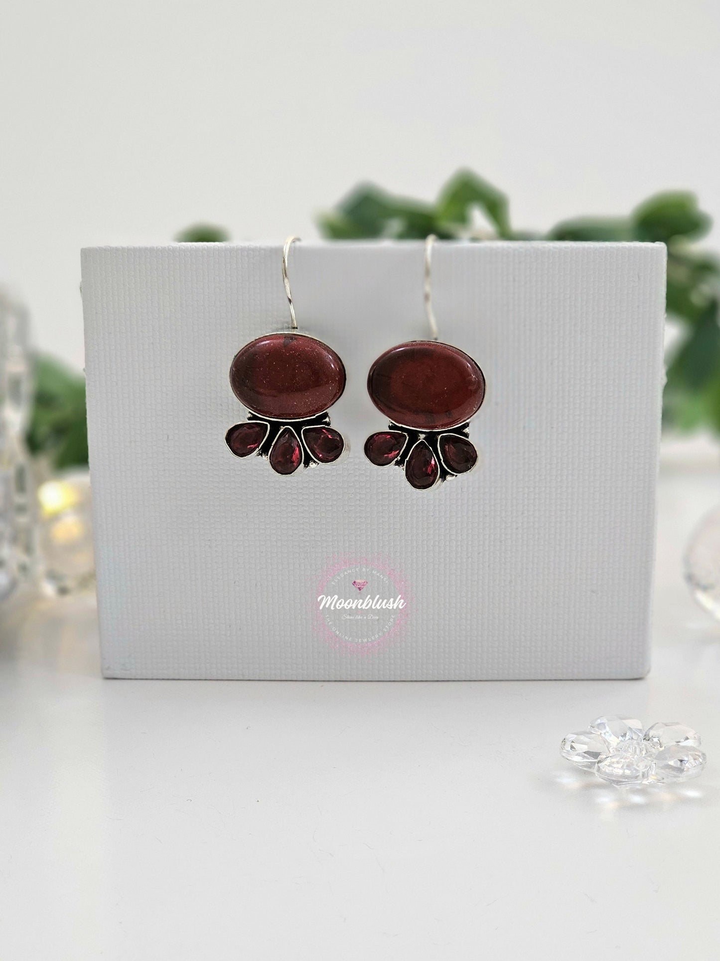 Oval Silver Replica Dangly Earrings with AD & Monalisa Stones