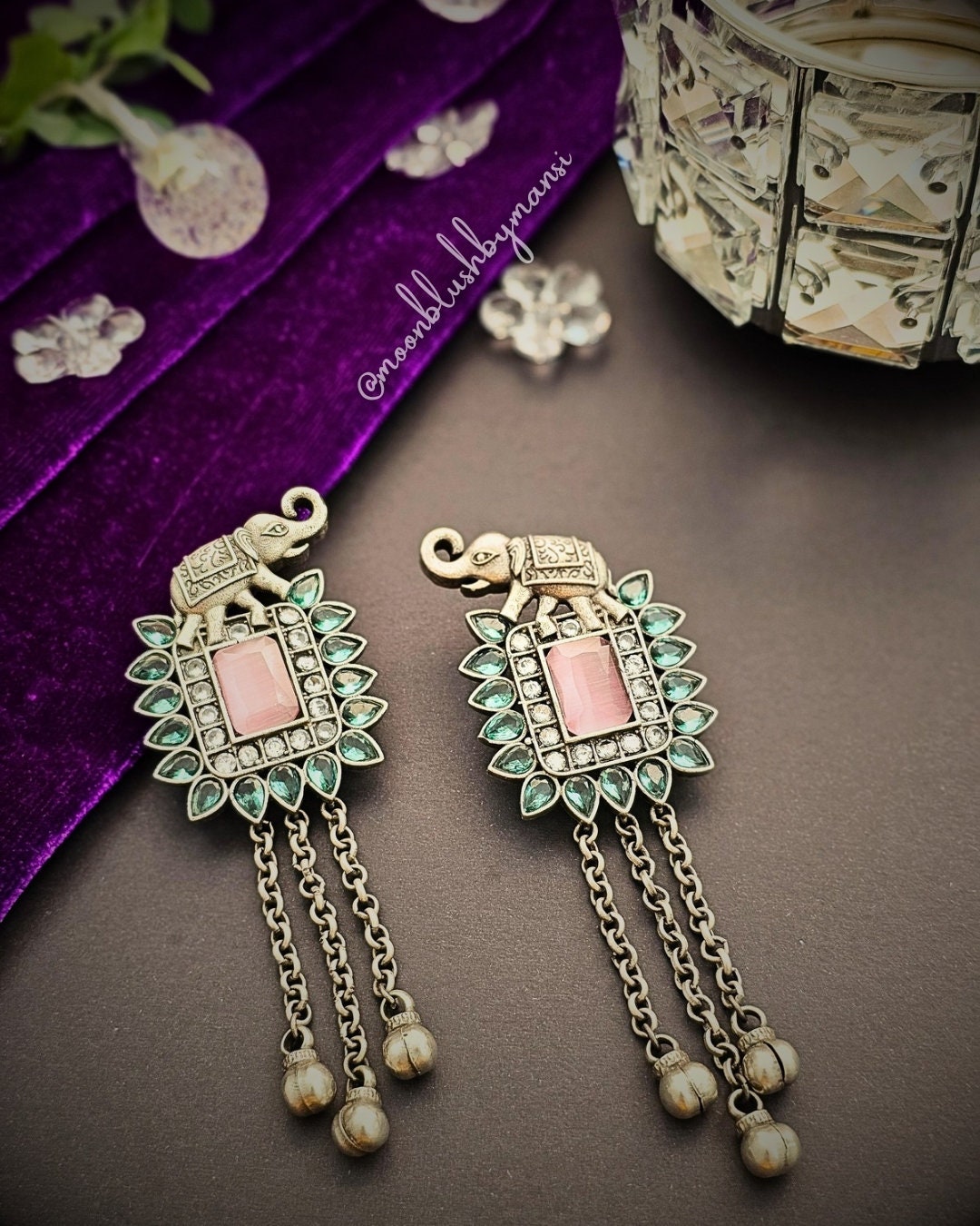 Elephant Design Silver Replica Earrings with AD stones