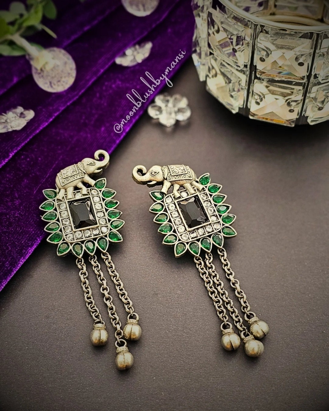 Elephant Design Silver Replica Earrings with AD stones