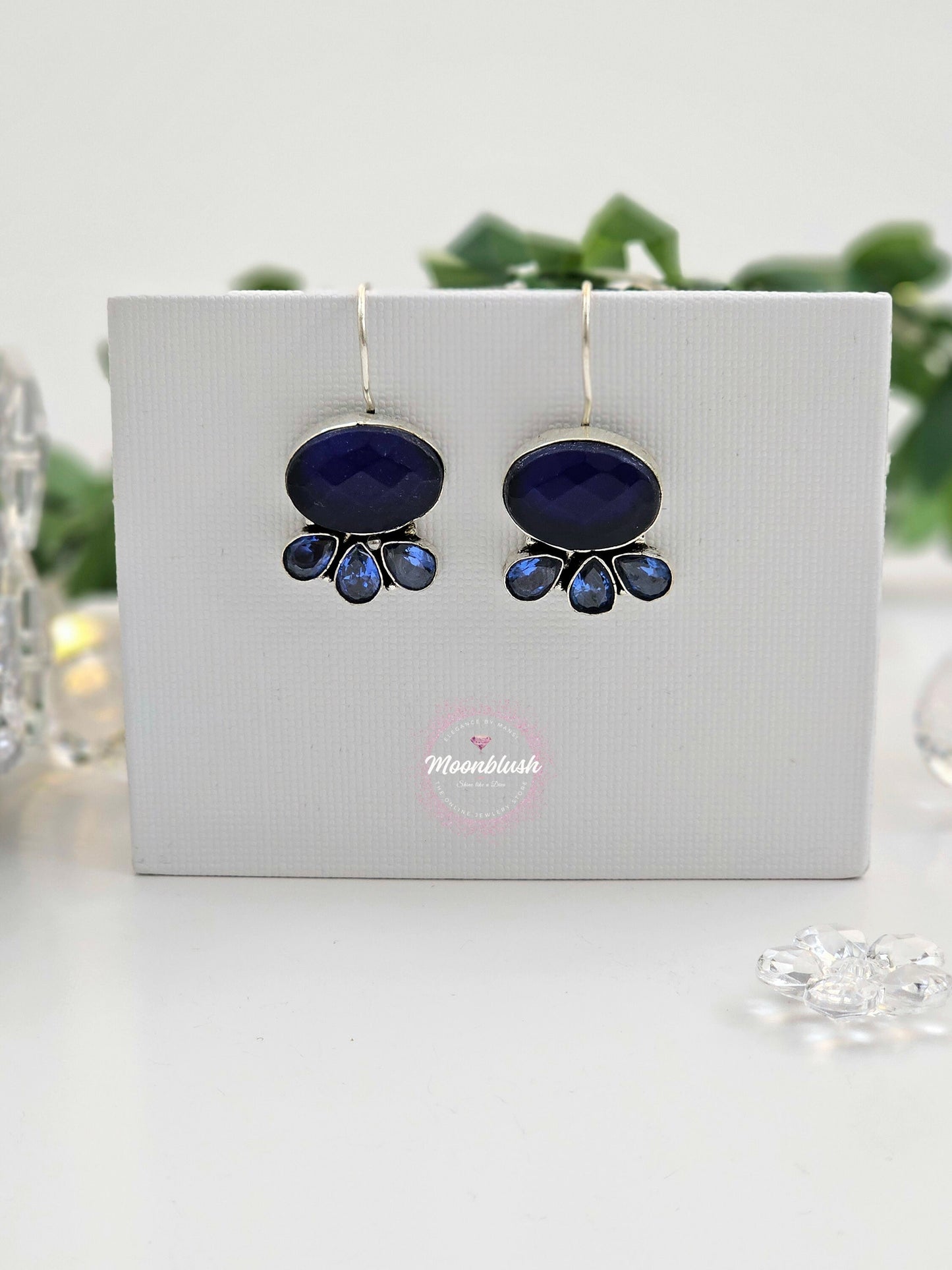 Oval Silver Replica Dangly Earrings with AD & Monalisa Stones