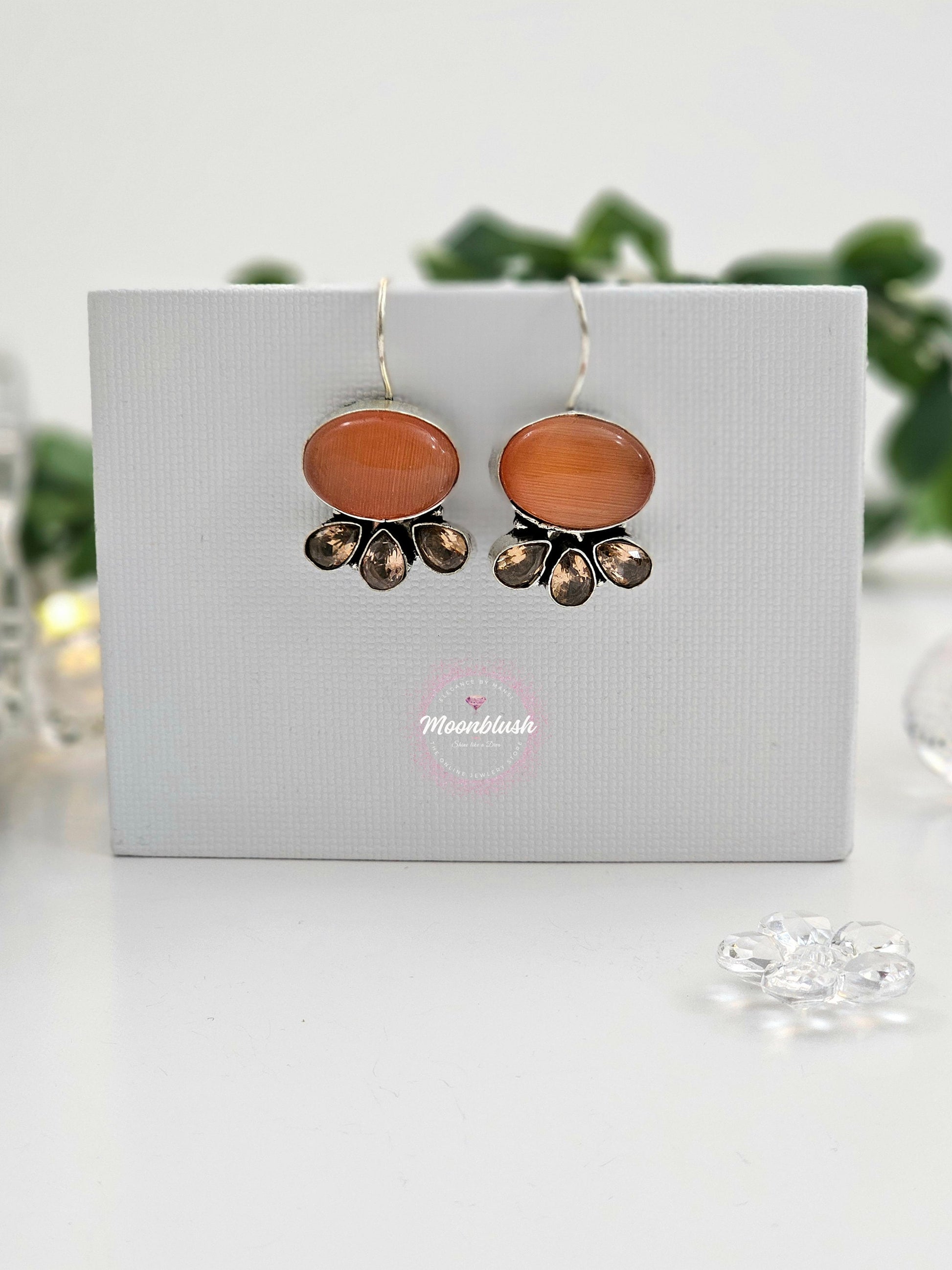 Oval Silver Replica Dangly Earrings with AD & Monalisa Stones