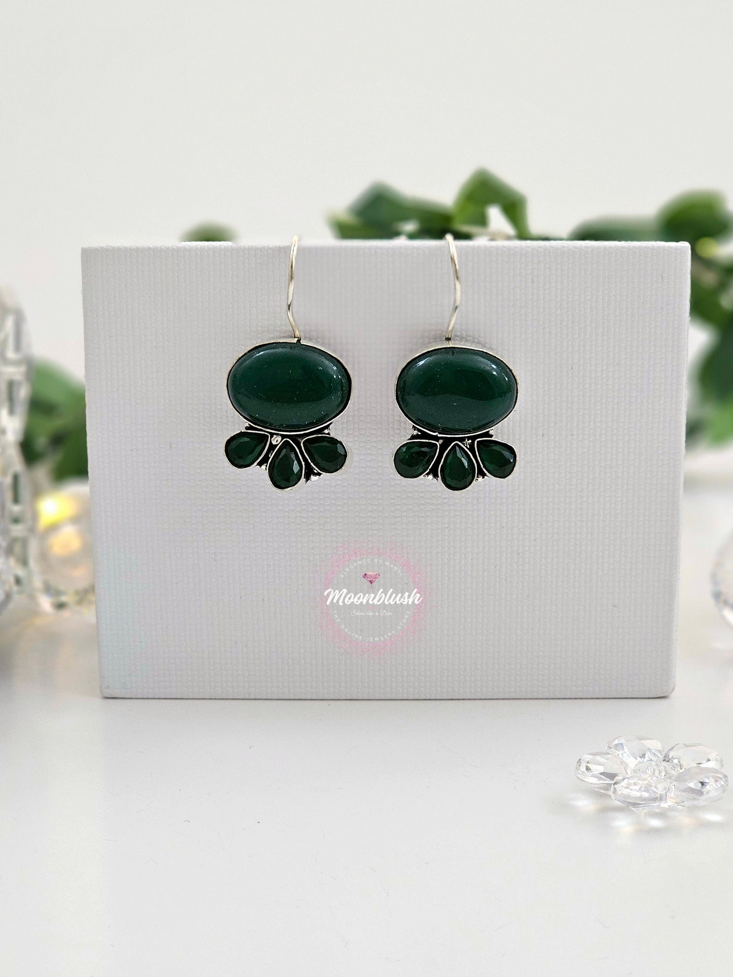 Oval Silver Replica Dangly Earrings with AD & Monalisa Stones