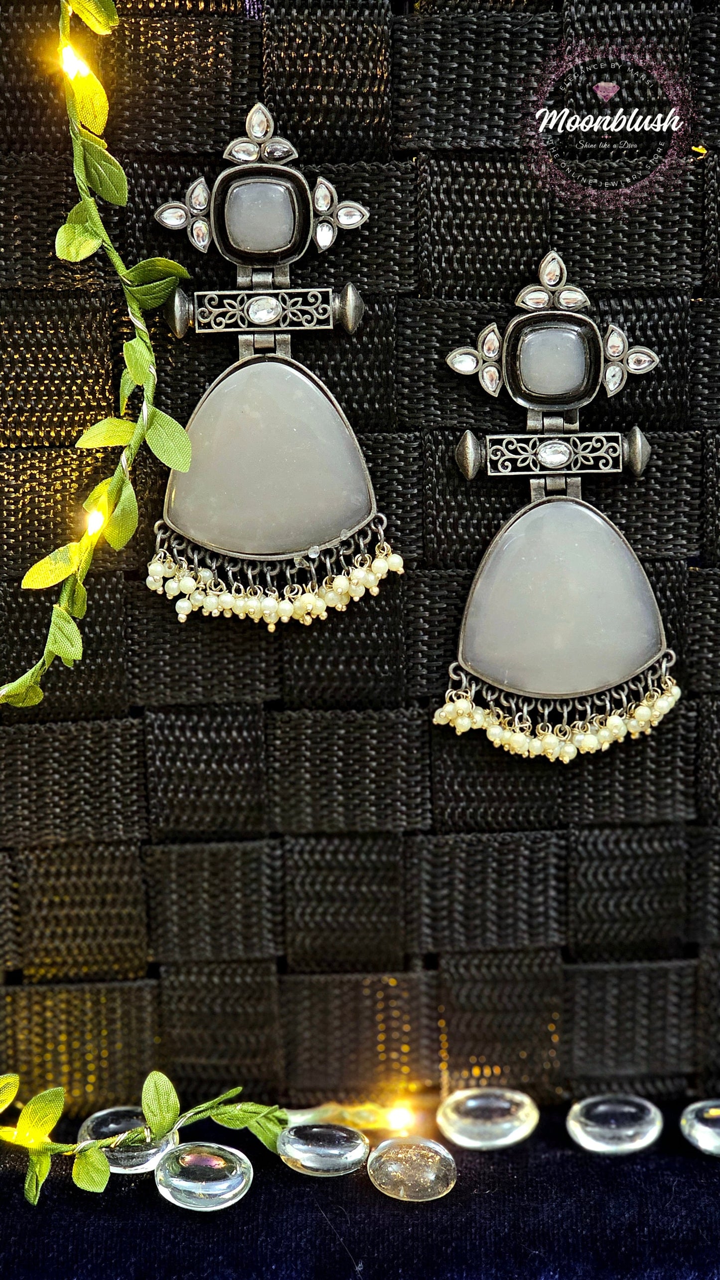 Oxidized Earrings: Translucent Glass & Pearl Dangle Earrings