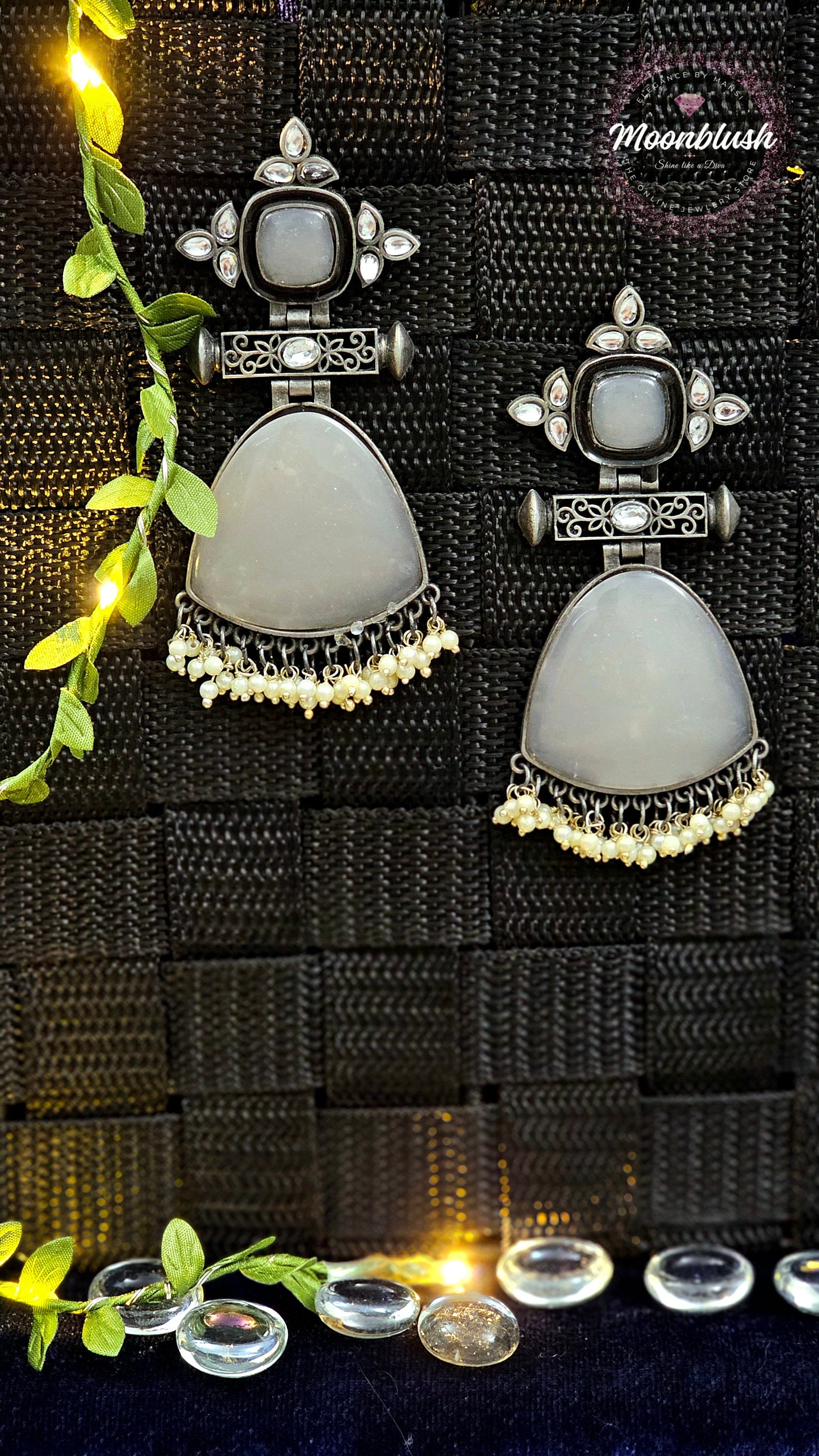 Oxidized Earrings: Translucent Glass & Pearl Dangle Earrings
