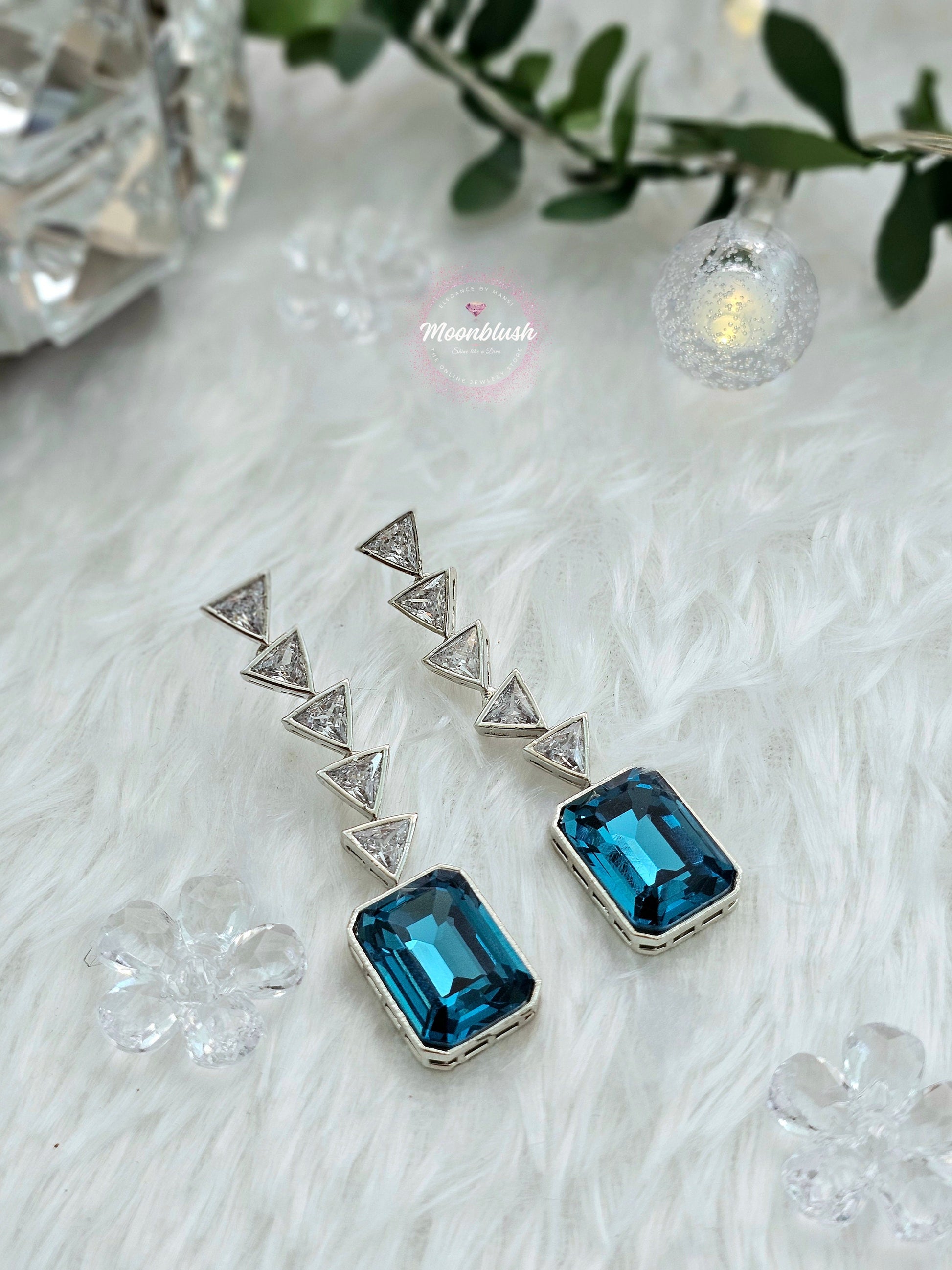 American Diamond Drop Earrings: Geometric Glass Crystal Stones