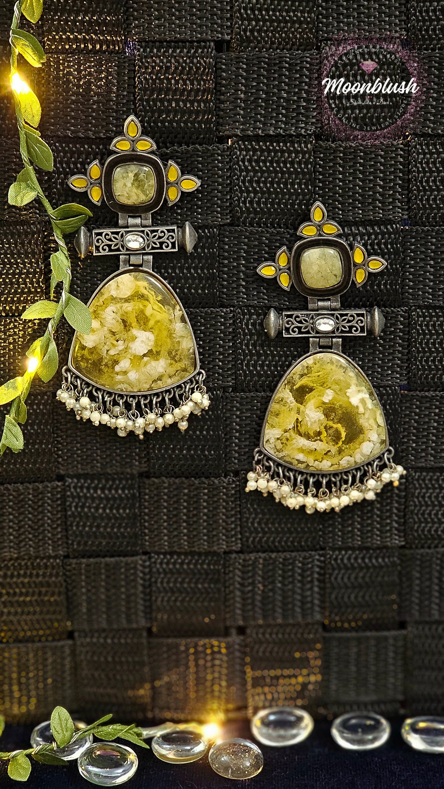 Oxidized Earrings: Translucent Glass & Pearl Dangle Earrings