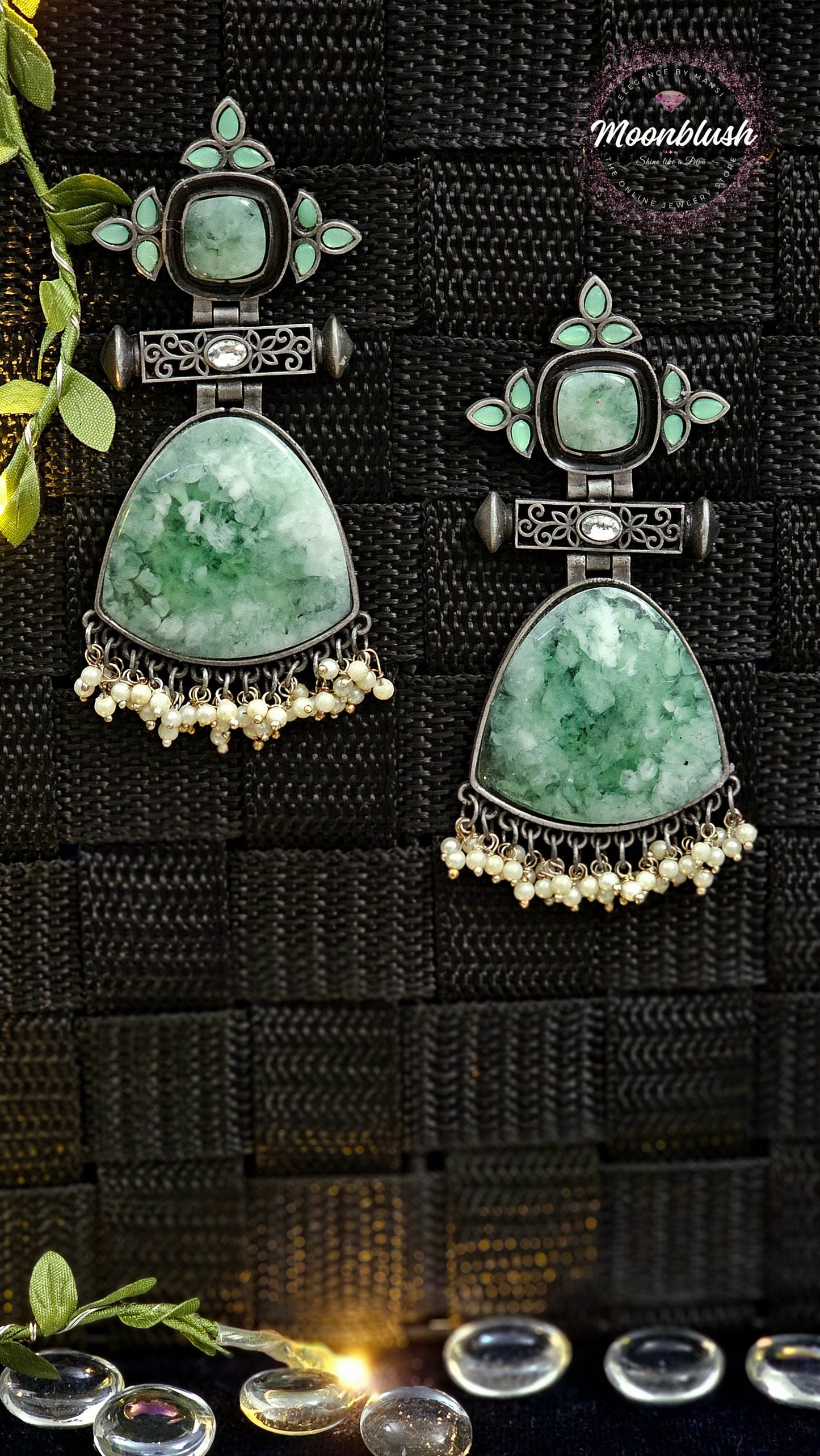 Oxidized Earrings: Translucent Glass & Pearl Dangle Earrings