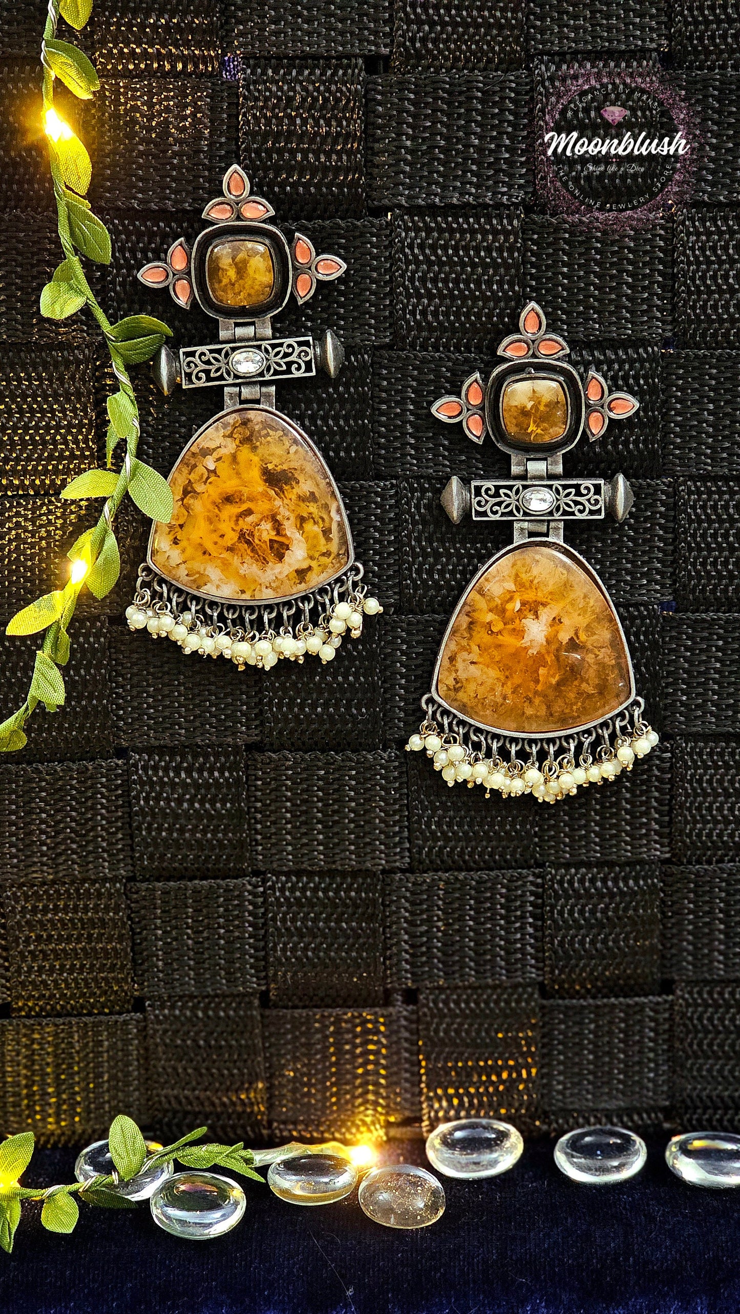Oxidized Earrings: Translucent Glass & Pearl Dangle Earrings
