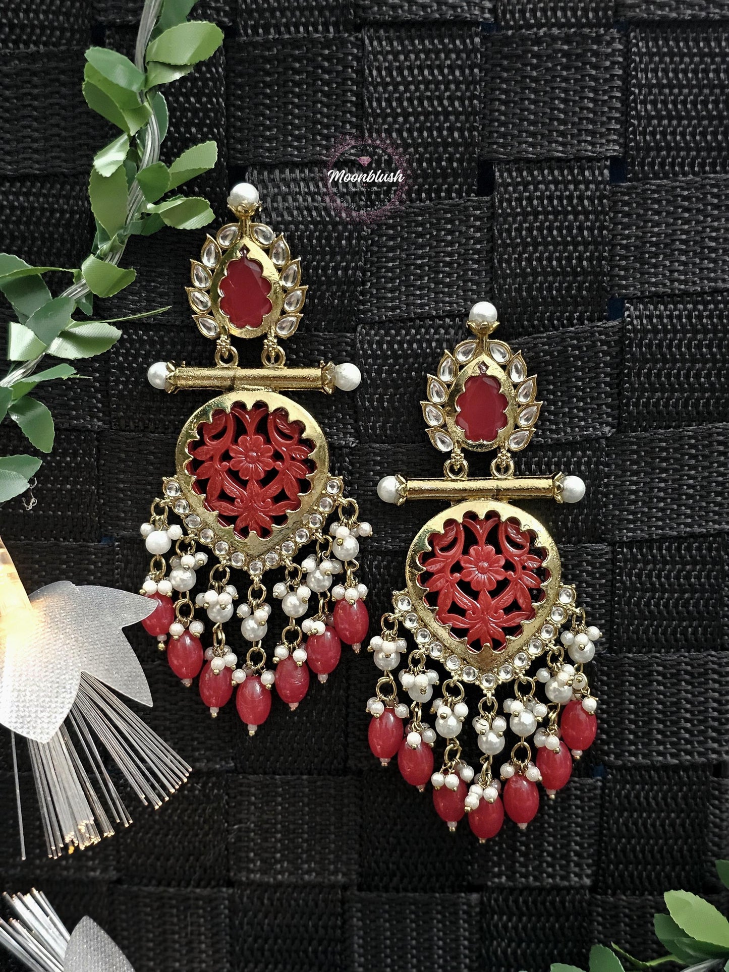 Brass Chandbalis Earrings: Carved Stone, Beads & Pearls