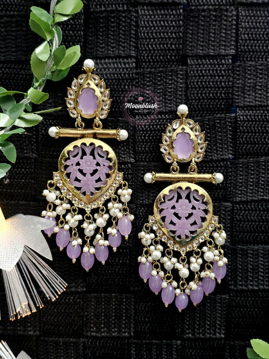 Brass Chandbalis Earrings: Carved Stone, Beads & Pearls