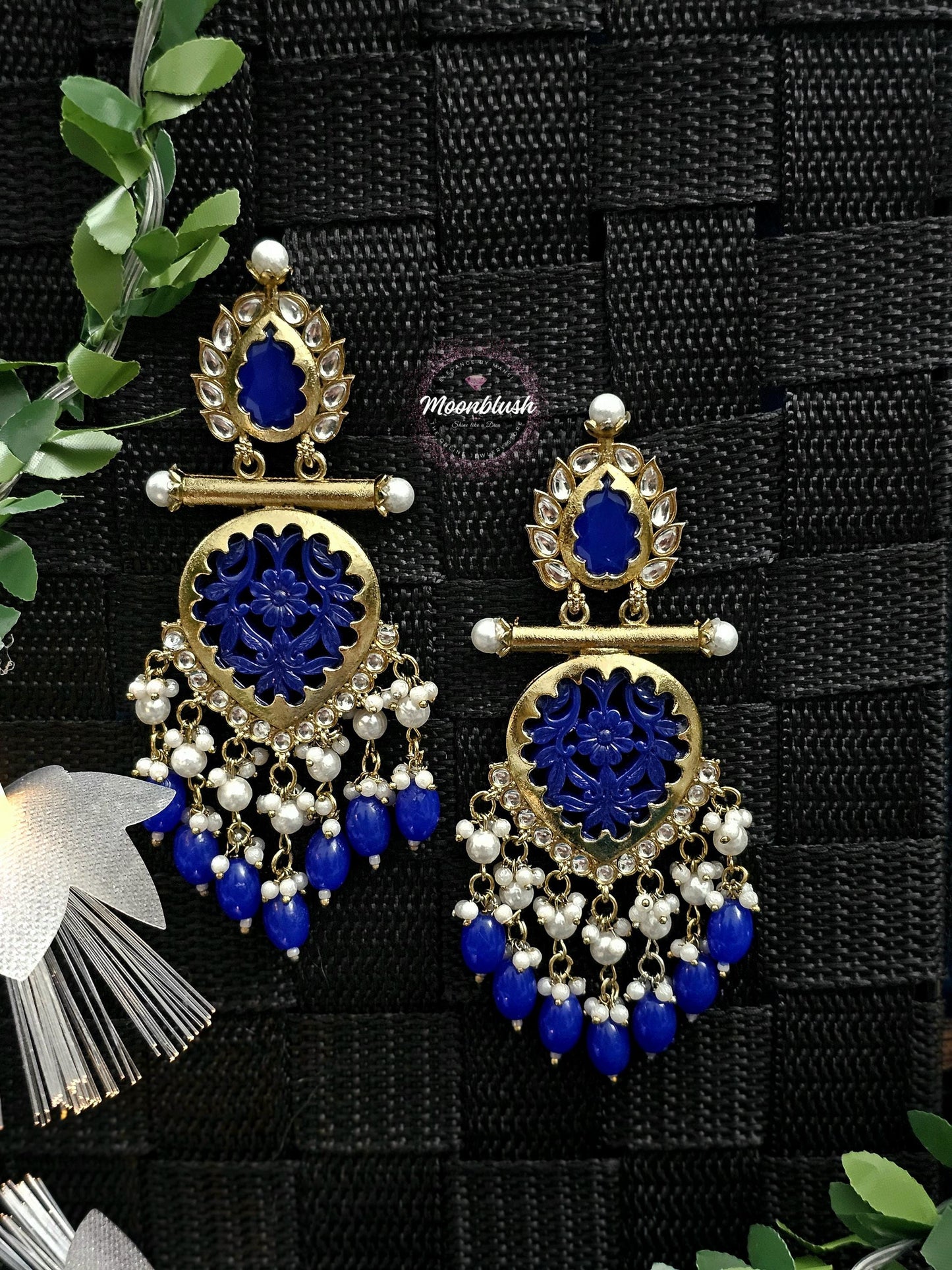 Brass Chandbalis Earrings: Carved Stone, Beads & Pearls