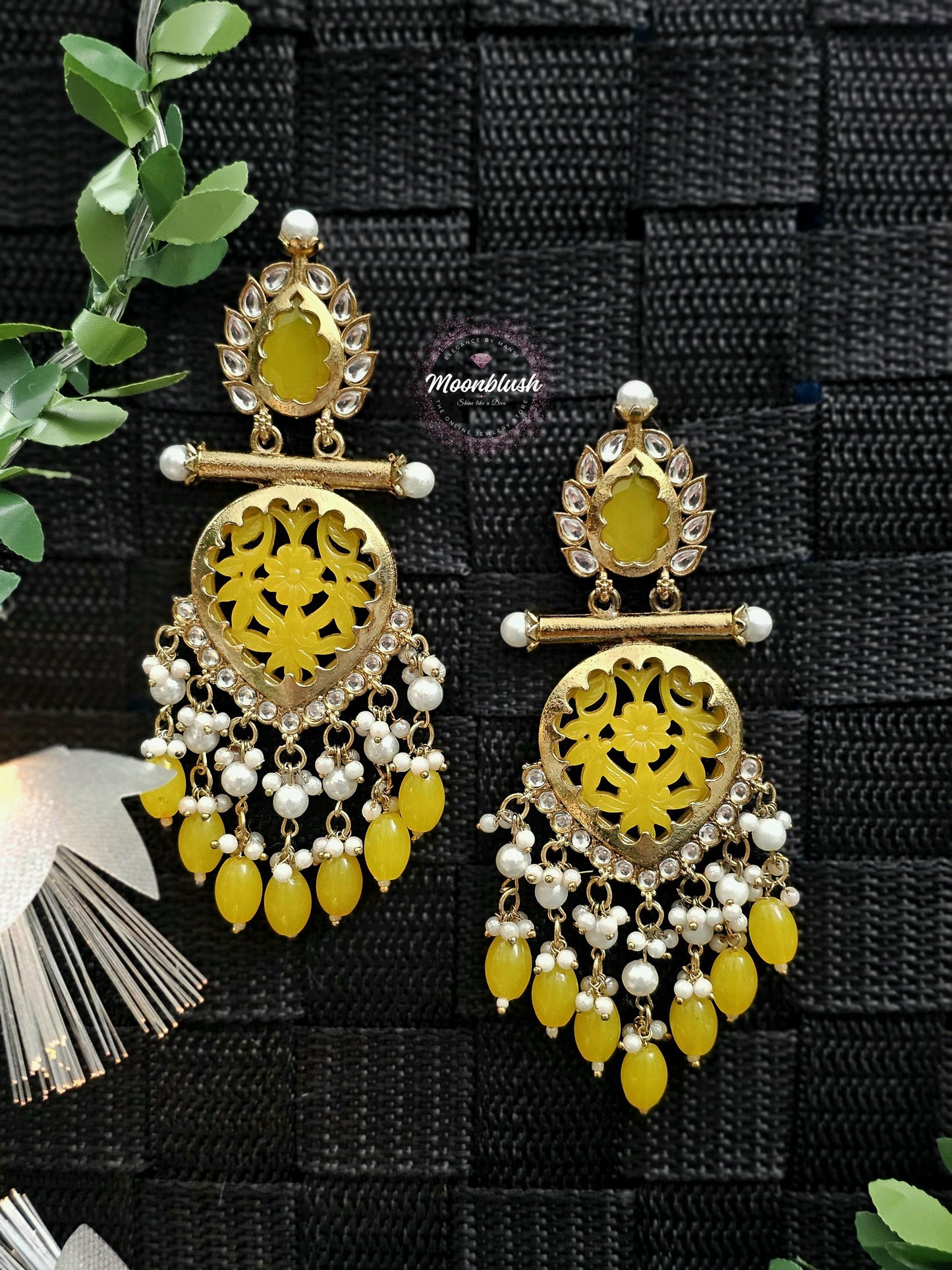 Brass Chandbalis Earrings: Carved Stone, Beads & Pearls