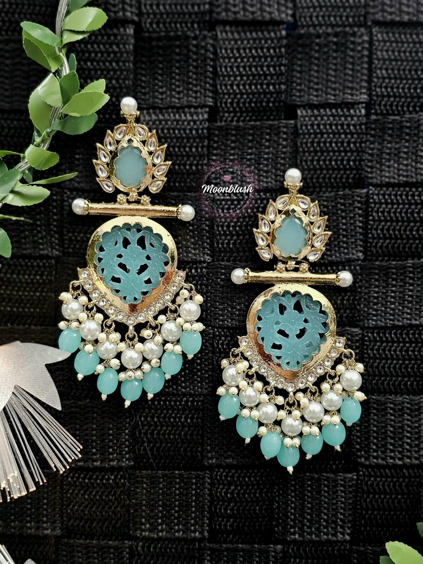 Brass Chandbalis Earrings: Carved Stone, Beads & Pearls