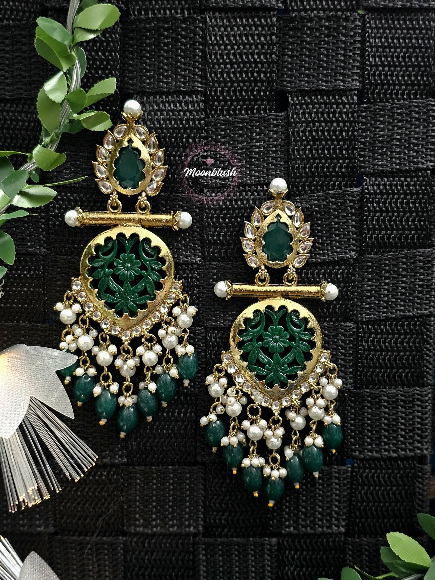 Brass Chandbalis Earrings: Carved Stone, Beads & Pearls