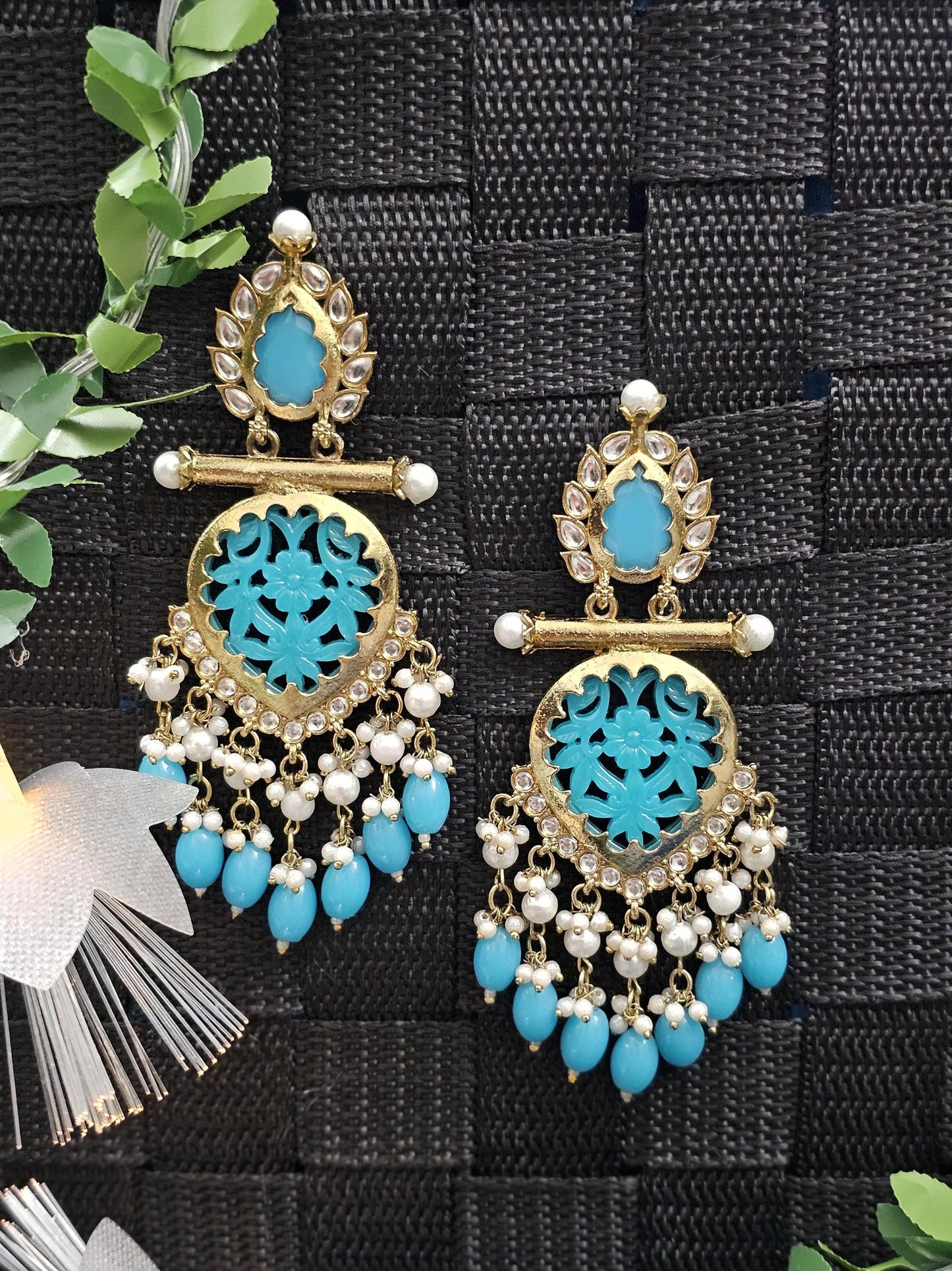 Brass Chandbalis Earrings: Carved Stone, Beads & Pearls