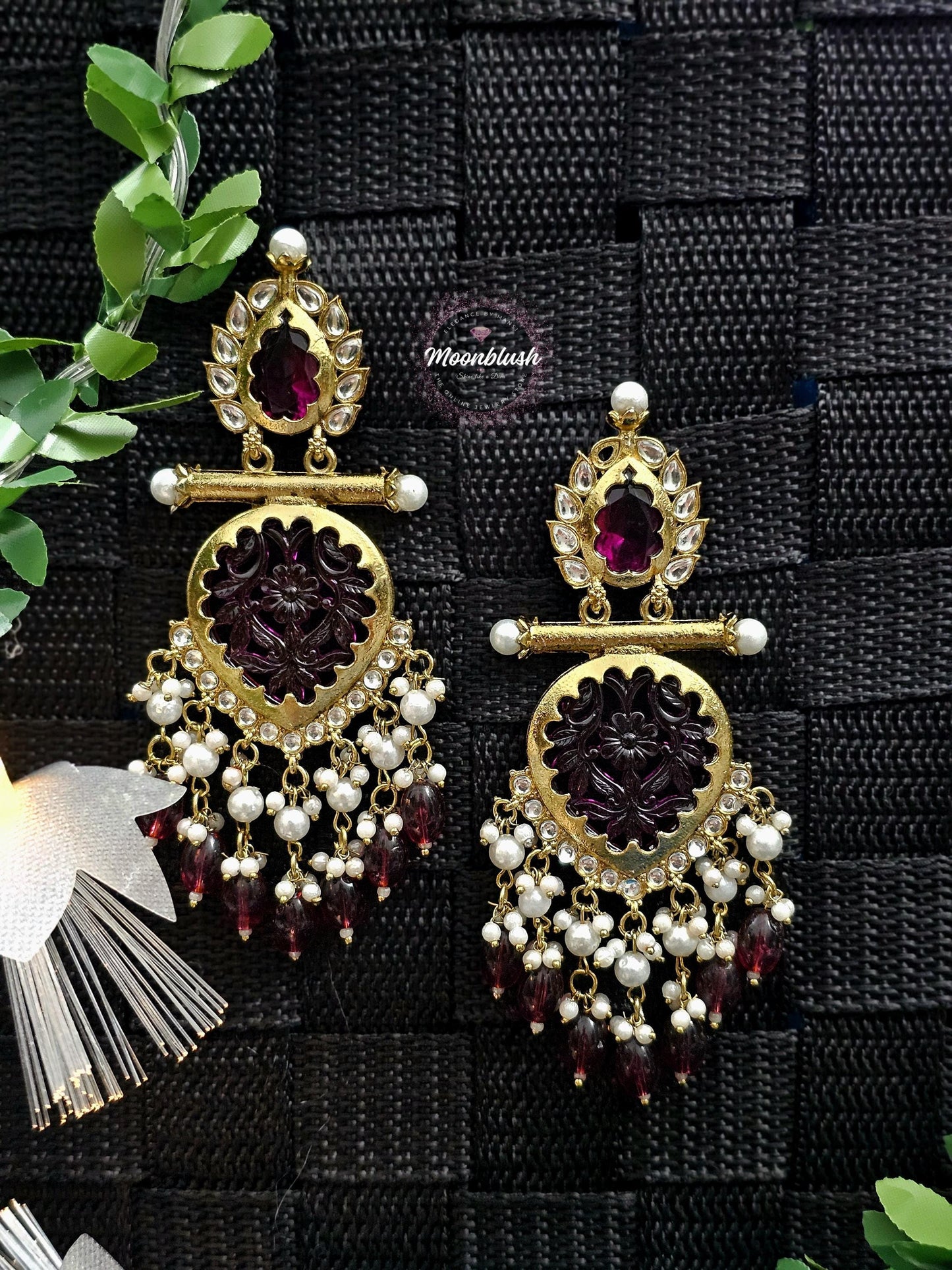 Brass Chandbalis Earrings: Carved Stone, Beads & Pearls